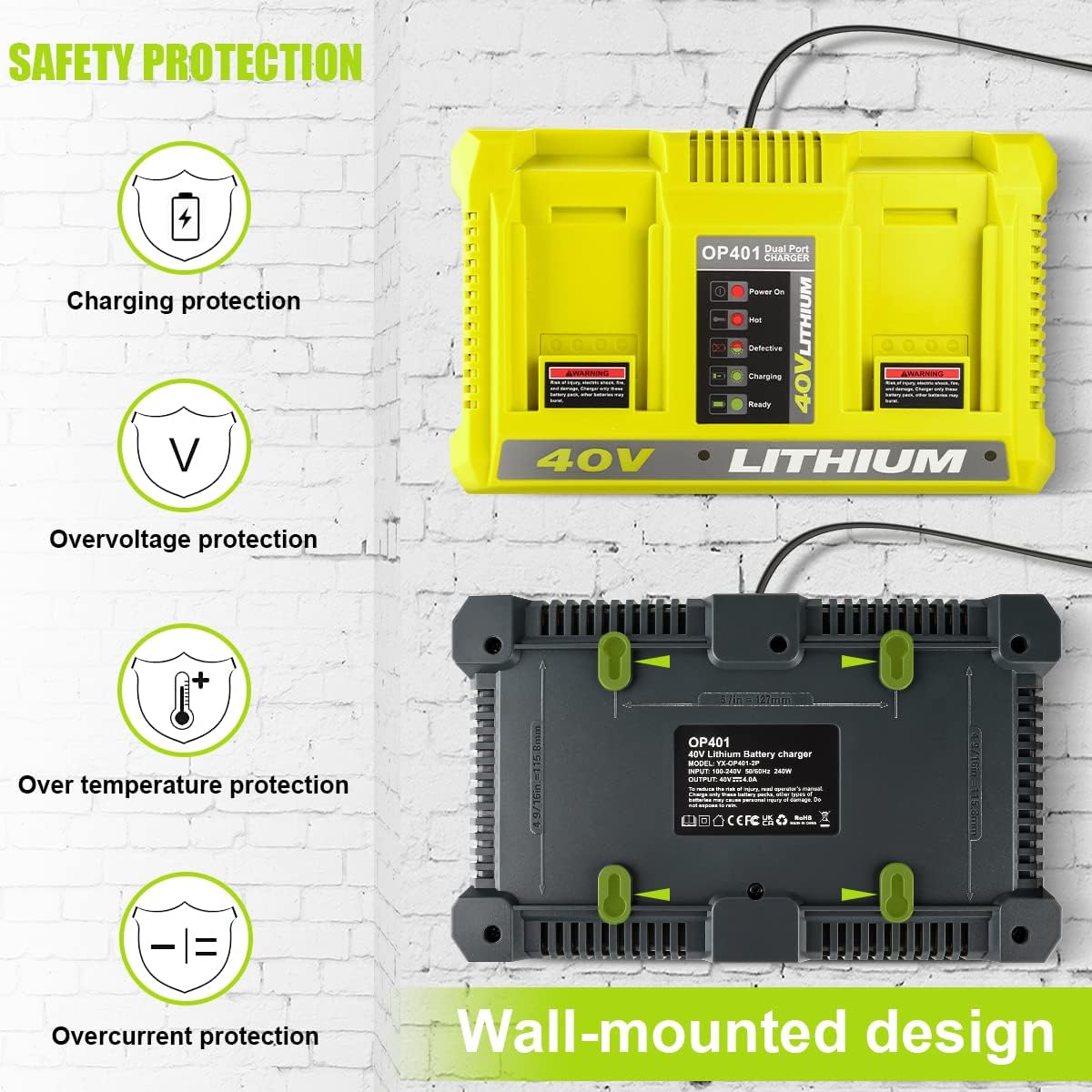 Dual Port 40V Charger for Ryobi OP401 40V Battery OP4040 OP4050A OP4026 OP4026A OP4030 OP4050 OP401 Compatible with Ryobi 40 Volt Battery Charger