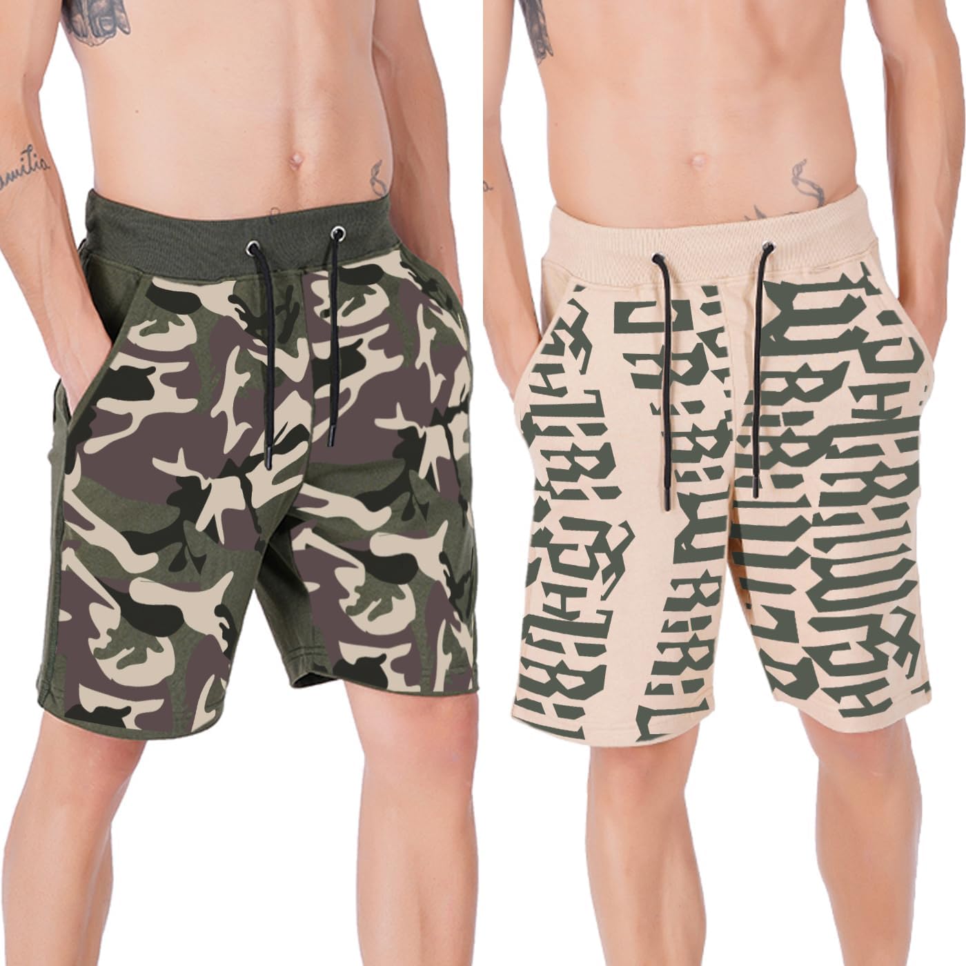 hotfitsMen's Printed Casual Cotton Regular Shorts, Workout Shorts, Elastic Waist Running Shorts with Pockets Pack of 2