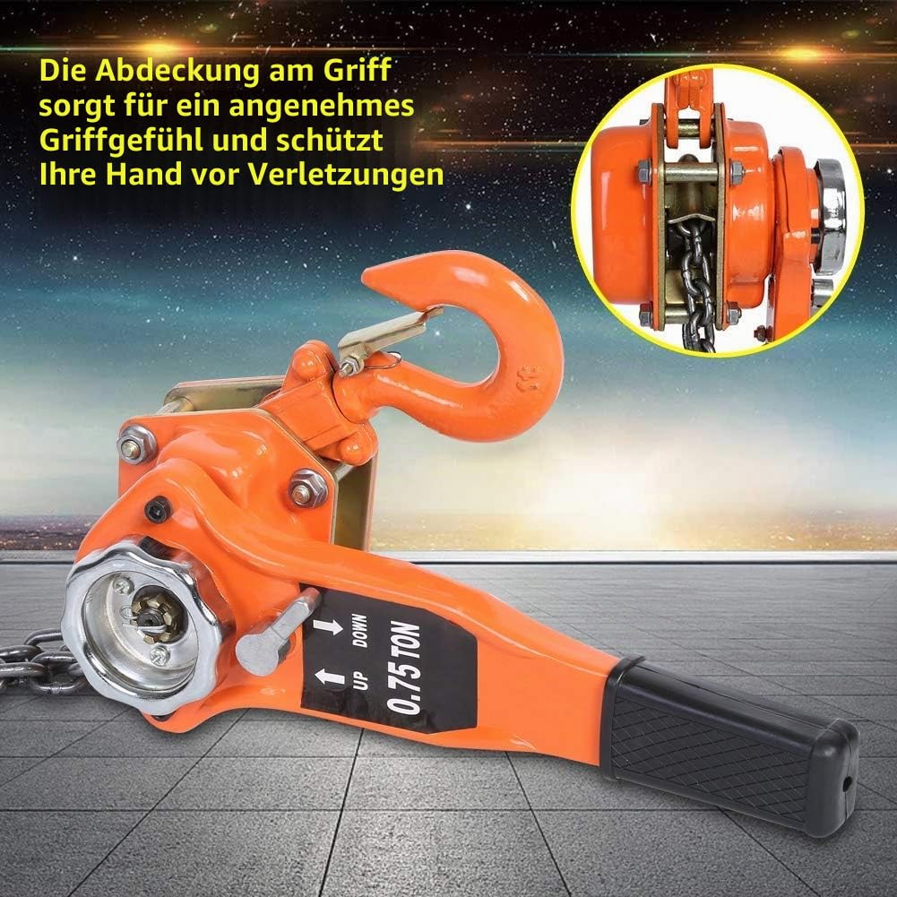 Ratschenzug 750 kg Tragfähigkeit G80-Manganstahl Handkettenzug mit Doppelklinken-Sicherheitsbremse Schwerlast-Hebezug