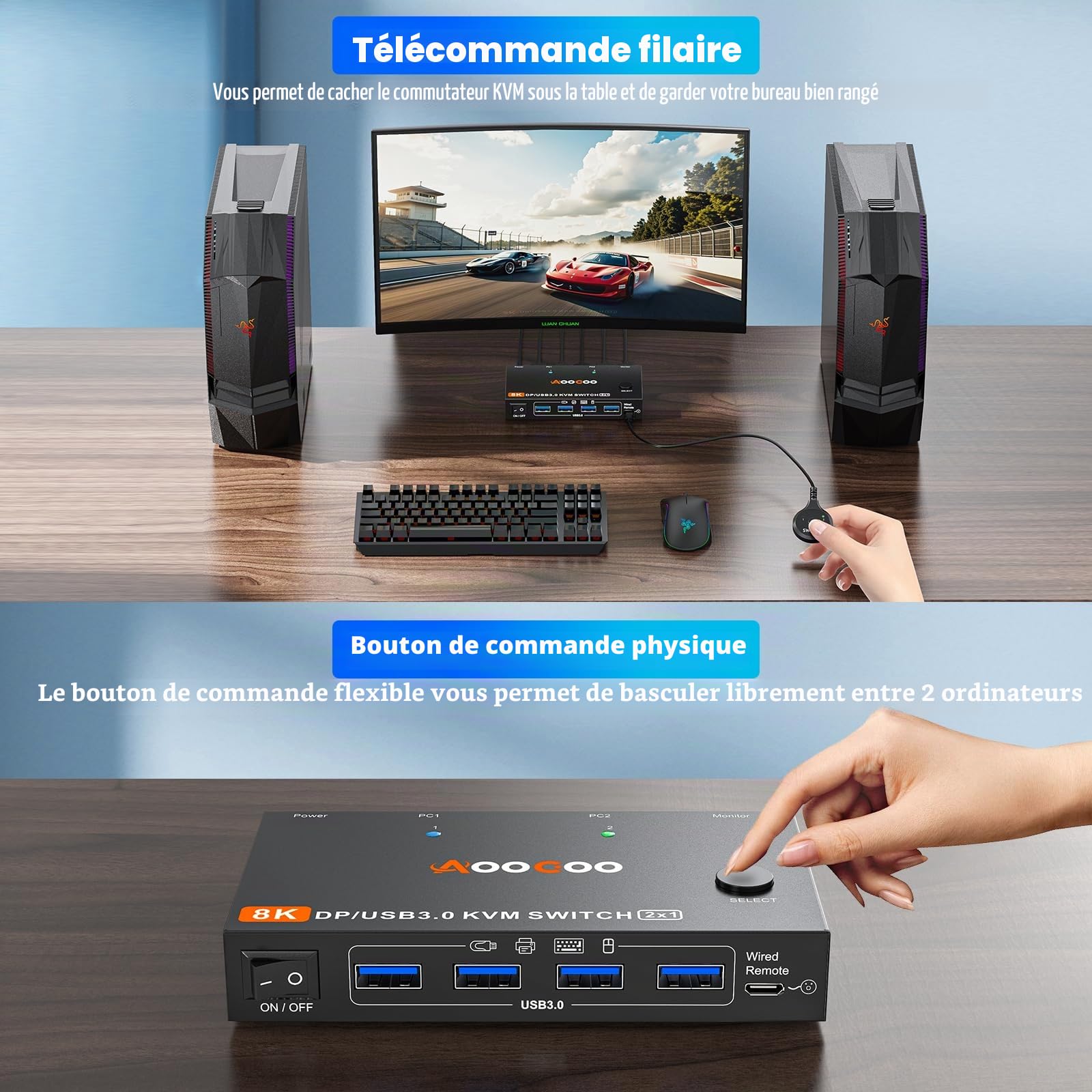 Commutateur KVM DP1.4 2 PC 1 moniteur 8K à 60 Hz/4K à 240 Hz Commutateurs KVM télécommande filaire Câble USB 3.0 inclus