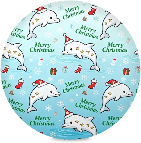 Miniatura 2 de Merry Christmas Cute Dolphin Table placemats Circle Vinyl Reusable placemats individuales para mesa de Papel 15.4x15.4in Set of 6
