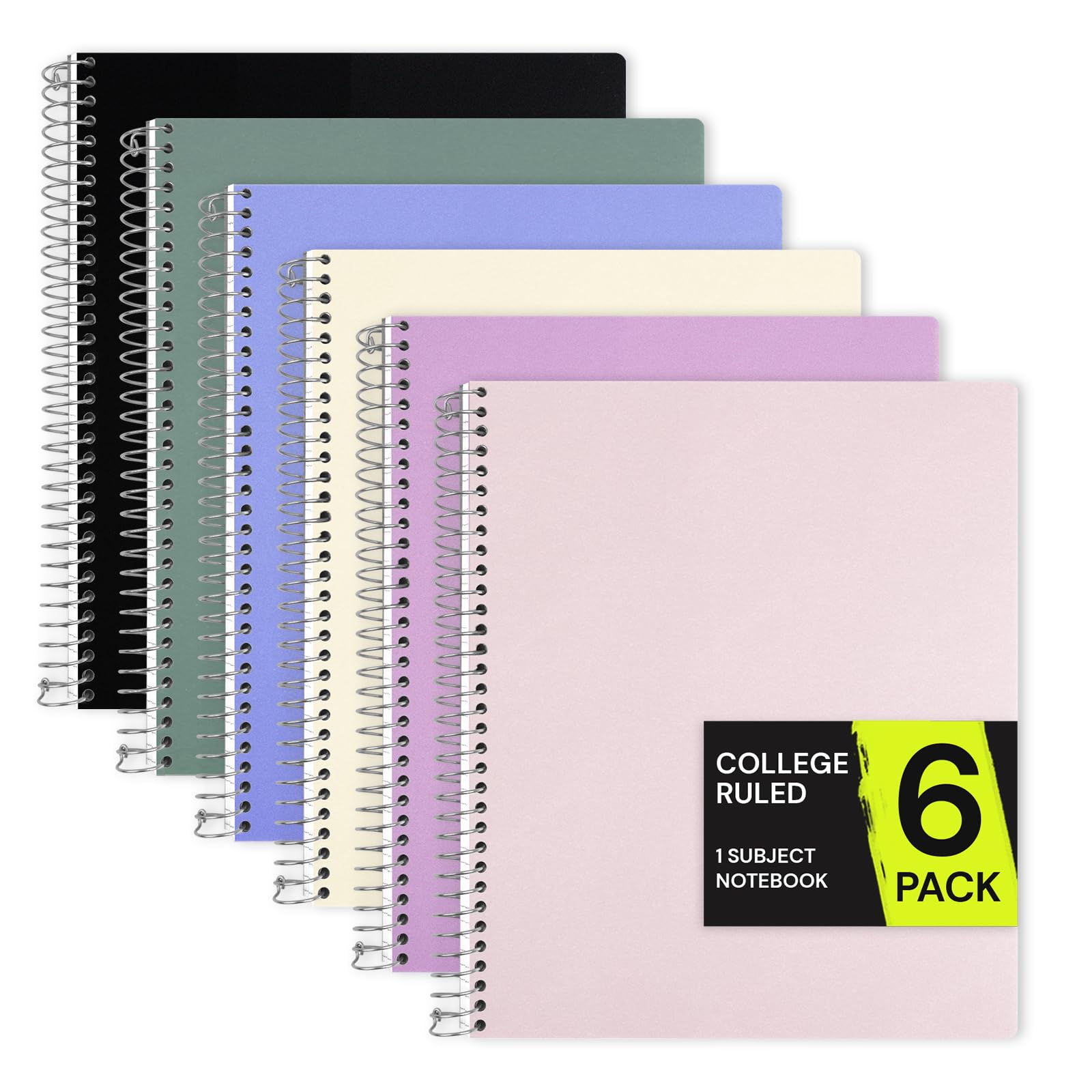 ONAVIA Lot de 6 cahiers à spirale lignés pour 1 sujet, 22,9 x 27,9 cm, 100 feuilles chacun, couverture en polypropylène, pour étude, devoirs, préparation aux tests, couleurs assorties