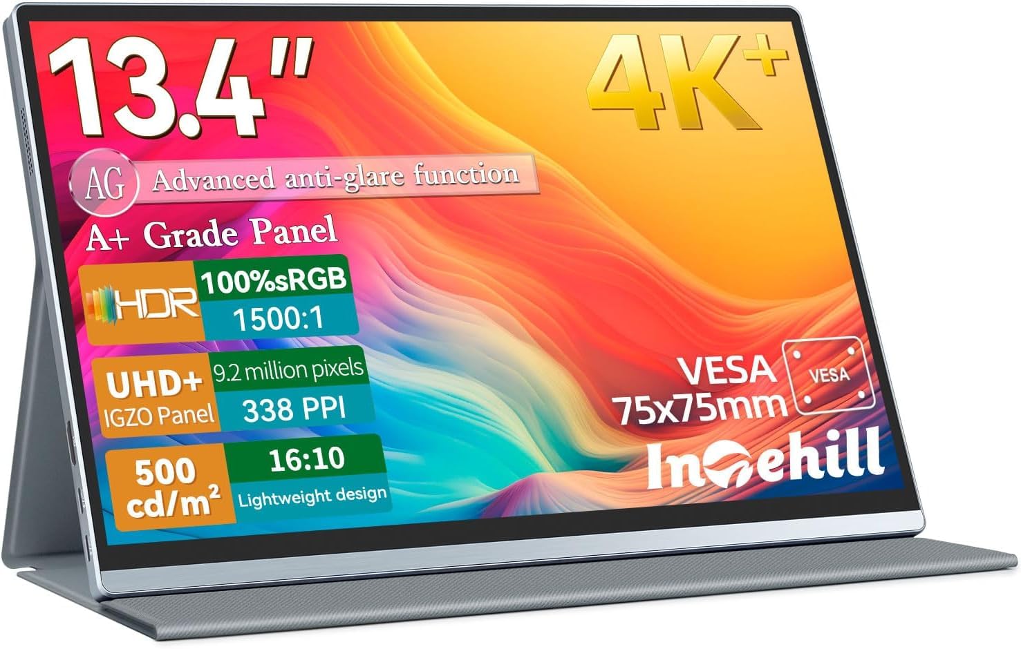 Intehill 4K Portable Monitor 13.4 inch, IGZO Anti-Glare Eye Care Panel, Ultra-High Definition 3840x2400, 16:10, 500 Nits, 1500:1, 100% sRGB, Ultra-light Aluminium, VESA, with Protective Cover