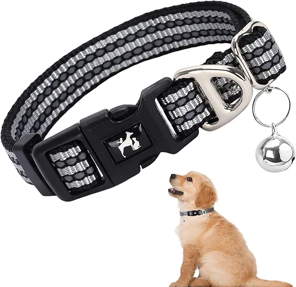 Small Dogs Collar with Bell - Reflective Nylon Adjustable Collar for XS & S Dogs High Visibility for Night Walks, for Puppies (Silver S)