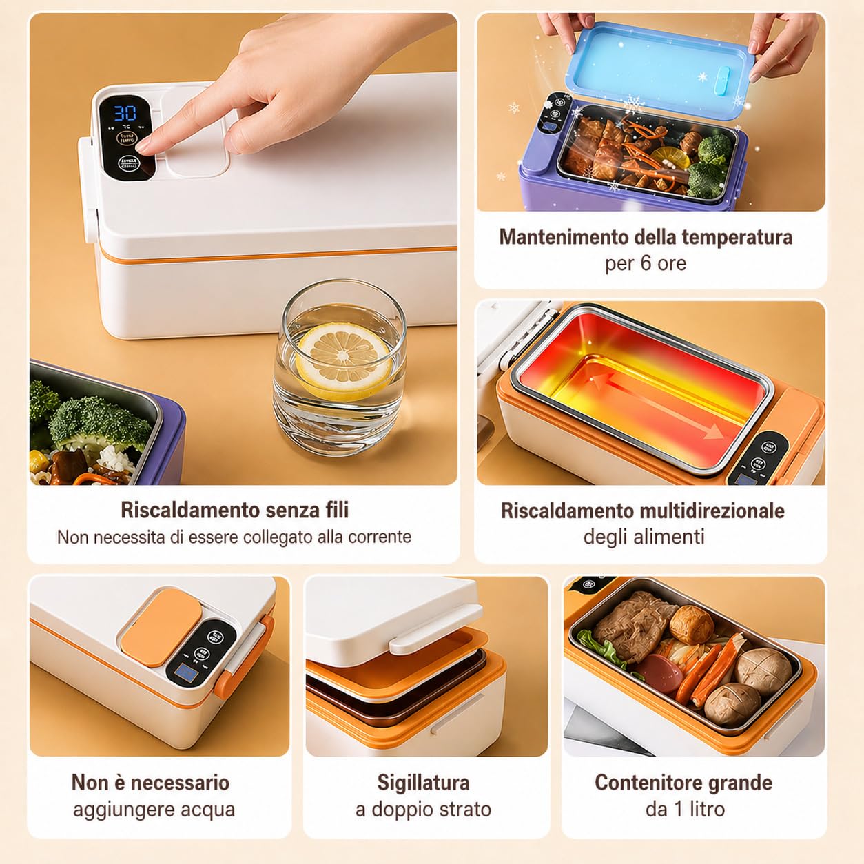 Contenitore per il pranzo elettrico, senza fili, 1 l, con batteria, 12000 mAh, riscaldabile, portatile, in acciaio inox, con display e timer, per lavoro, ufficio, auto, campeggio