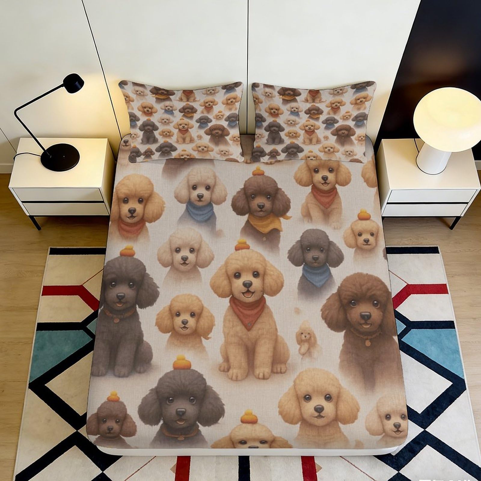 3D Printed Cute Poodle Fitted Sheet Microfiber Soft Breathable Cartoon Dog Mattress Cover for Bedroom Dorm Decor 90x200x25cm