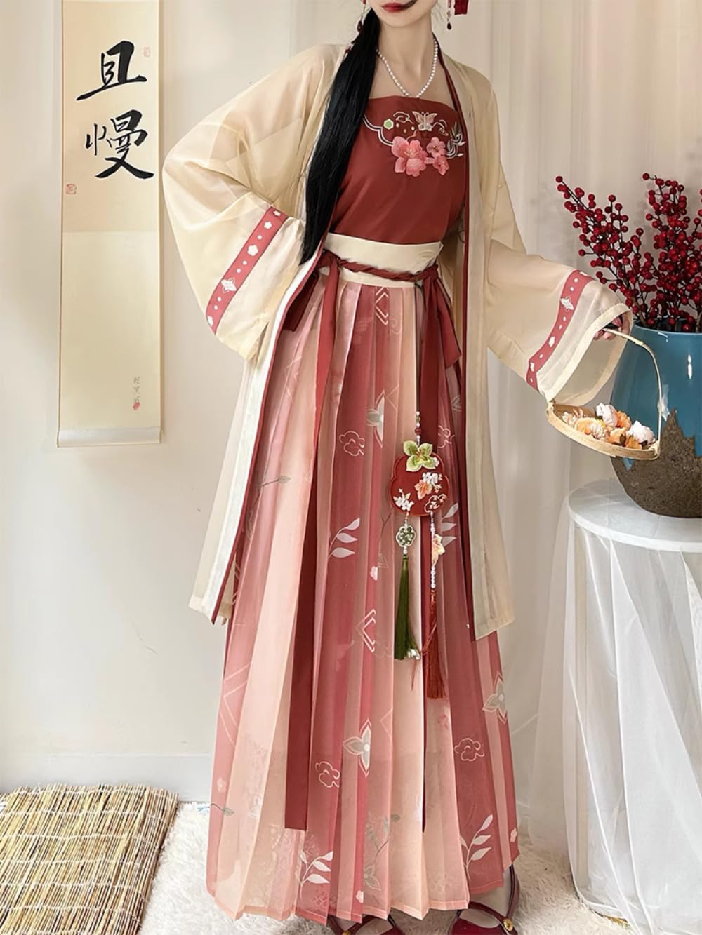 Tradycyjny starożytny chiński kostium Hanfu sukienka w stylu piosenki Hanfu damska czerwona plisowana spódnica z satynową pończochą styl narodowy