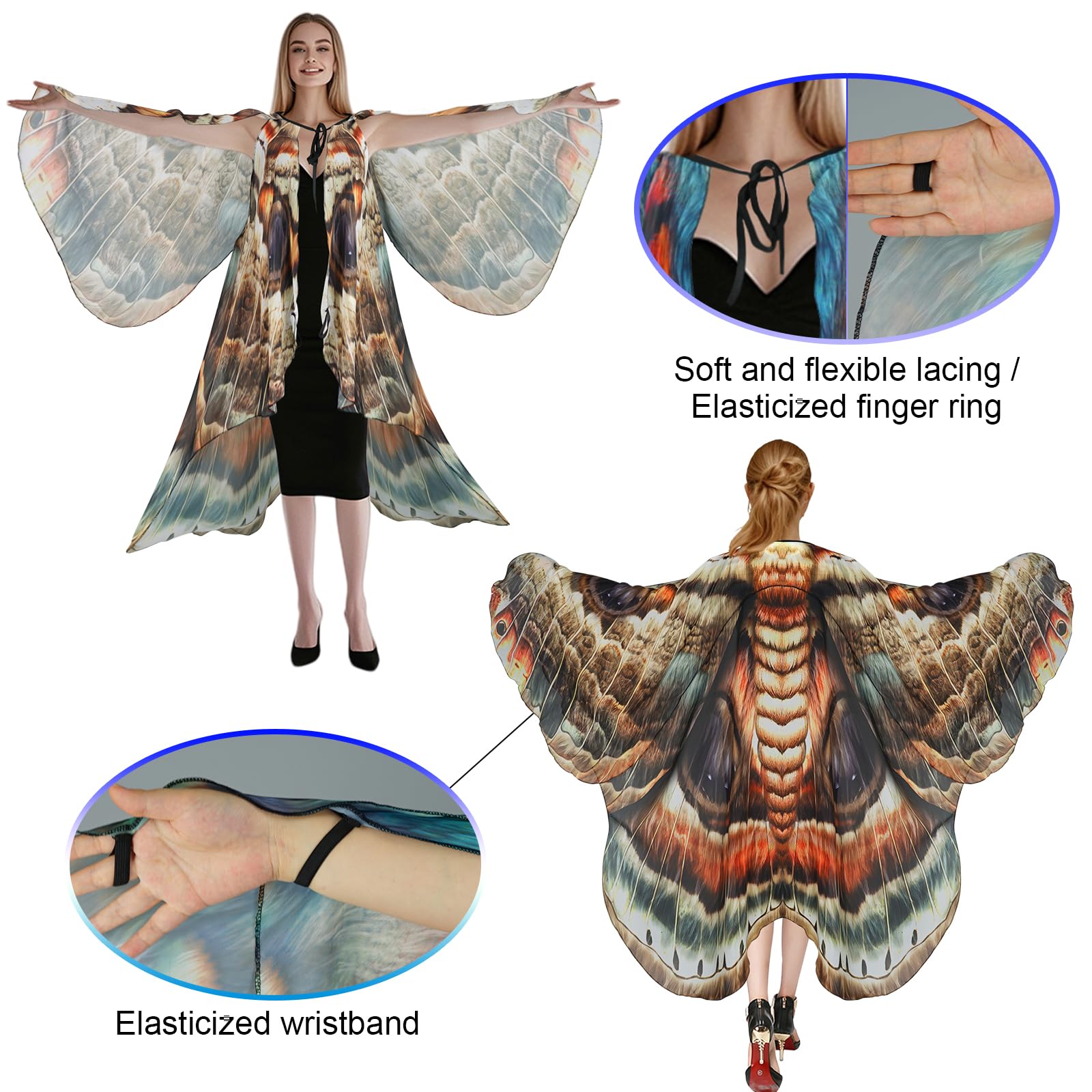 Sunlisky Halloween Costumes for Women Adult Butterfly Costume Wings Cape with Moth Antenna Headband,Mask: Dynamic Double-layer Brown