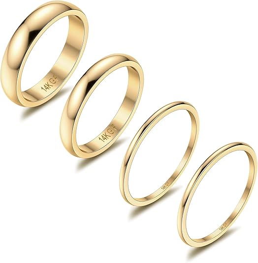 THUNARAZ 14K Gold Filled Rings Stacking Rings for Women Stackable Thin Gold Ring Plain Pinky Thumb Midi Statement Band Ring Comfort Fit 4Pcs 1mm 2mm 3mm 5mm