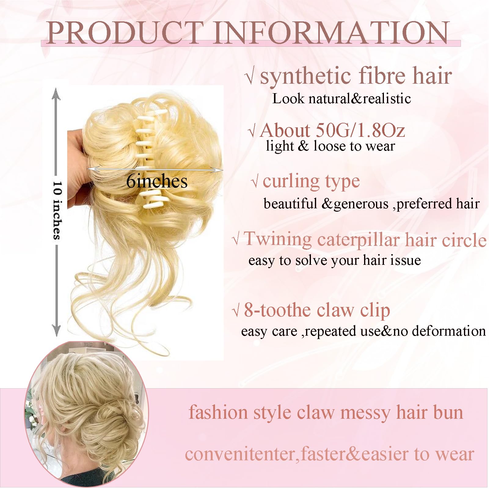 Claw Clip Messy Bun Hairpiece Curly Wavy Ponytail Tousled Updo Donut Chignon Synthetic Hair Extensions for Women Girls (#613) - Image 3