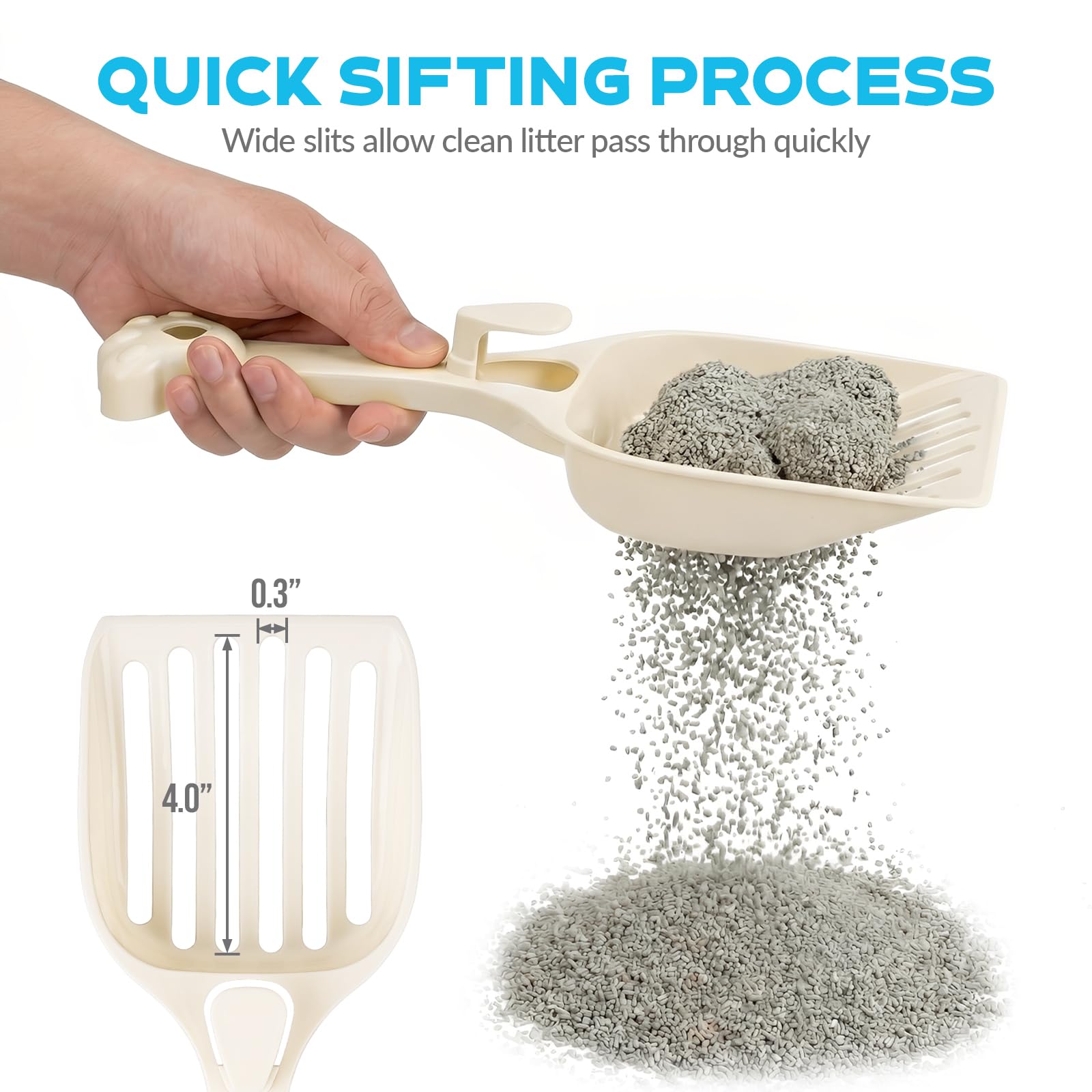 Depets Cuchara de arena para gatos, pala de arena con listones anchos, pala de arena para gatitos para pellets de pino, cuchara de plástico duradero, diseñada para un fácil tamizado, blanco lechoso