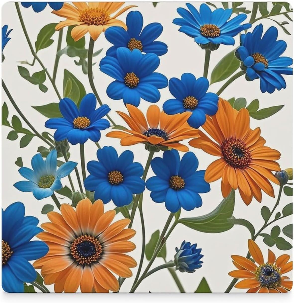 Blue and Orange Flowers on White Background Coasters Absorbent Ceramic Coasters for Drinks Coaster with Cork Backing for Table Protection Square Drink Cup Mat Modern Style Coaster for Coffee Table