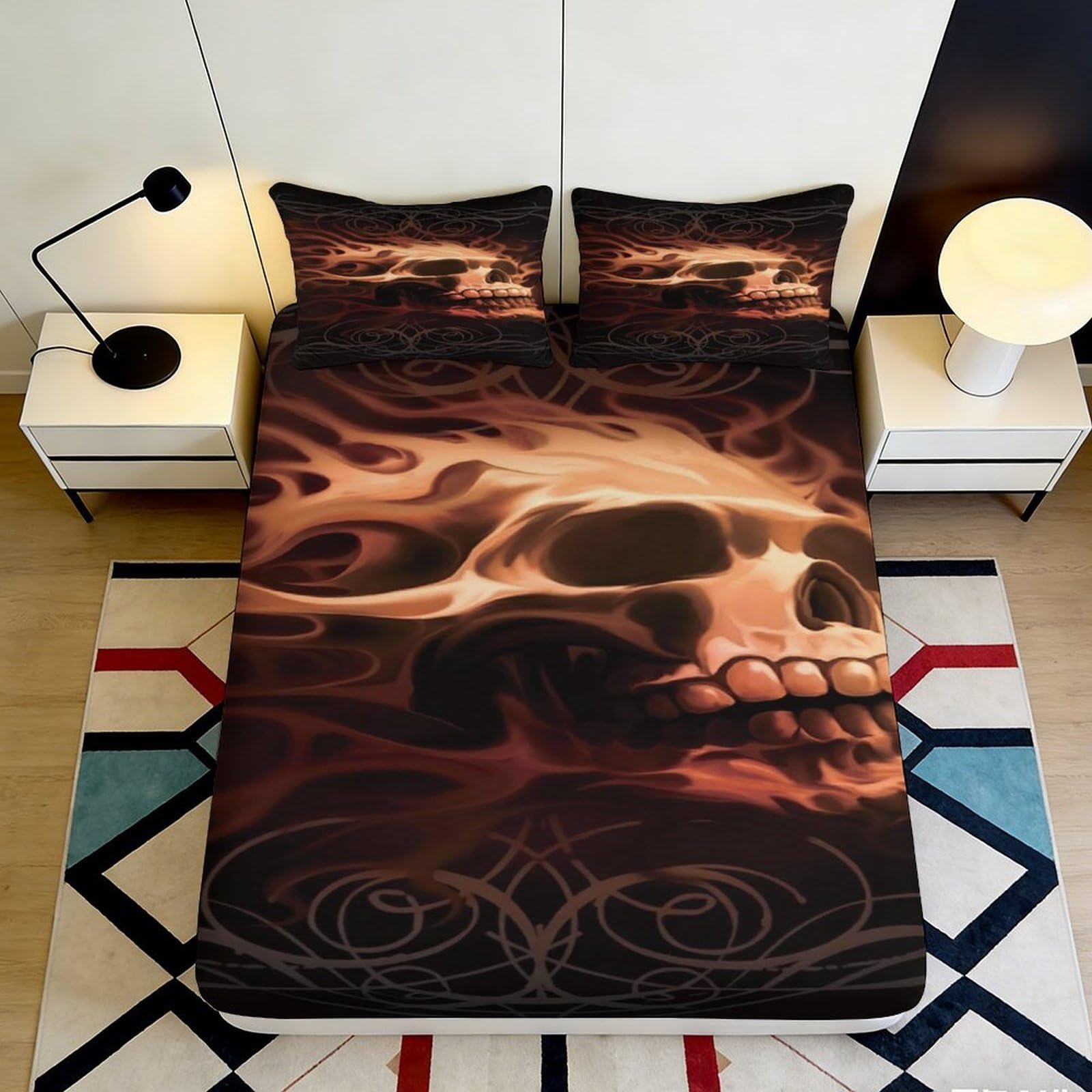 3D Printed Flaming Skull Fitted Sheet Microfiber Soft Durable Dark Pattern Bed Cover for Bedroom Dormitory Guest Room Mattress Protection 120x200x25cm