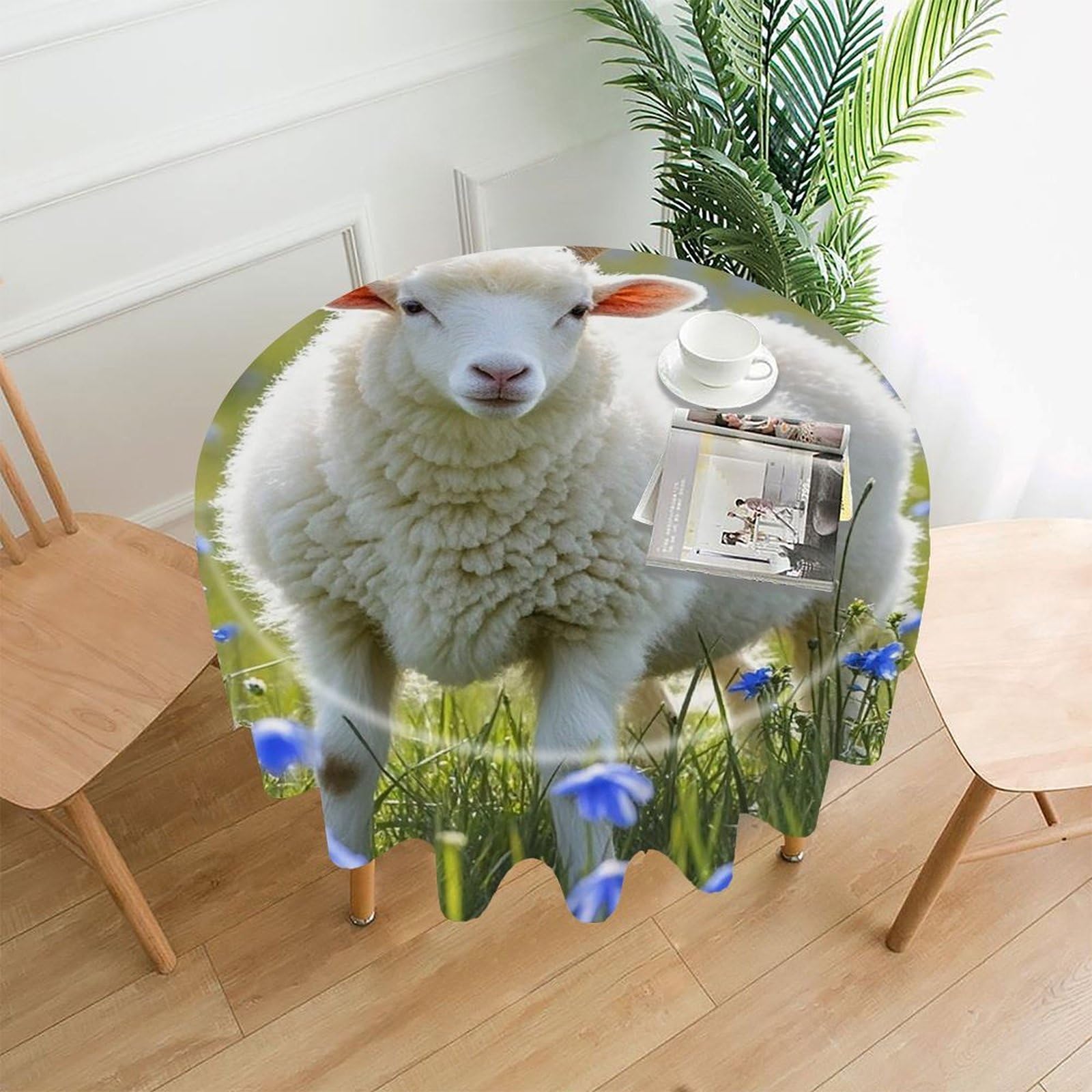 VstaDank Sheep Tablecloth Easy to Clean Polyester Round Table Cover Washable Round Table Cloth Wrinkle-Free Circle Decoration Tablecloth for Kitchen Dining Room 60"