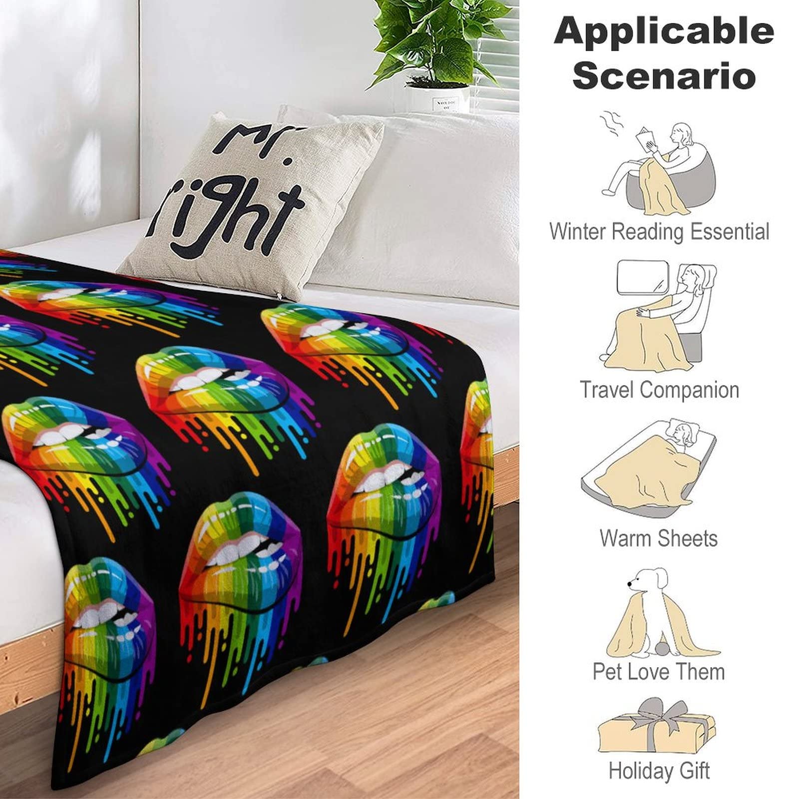 Lesbiche Rainbow Lips Pride Flanella Coperte in Pile per Letto Divano Camera Casa Coperta Morbida Calda per Tutte Le Stagioni Coperta Peluche 50x40