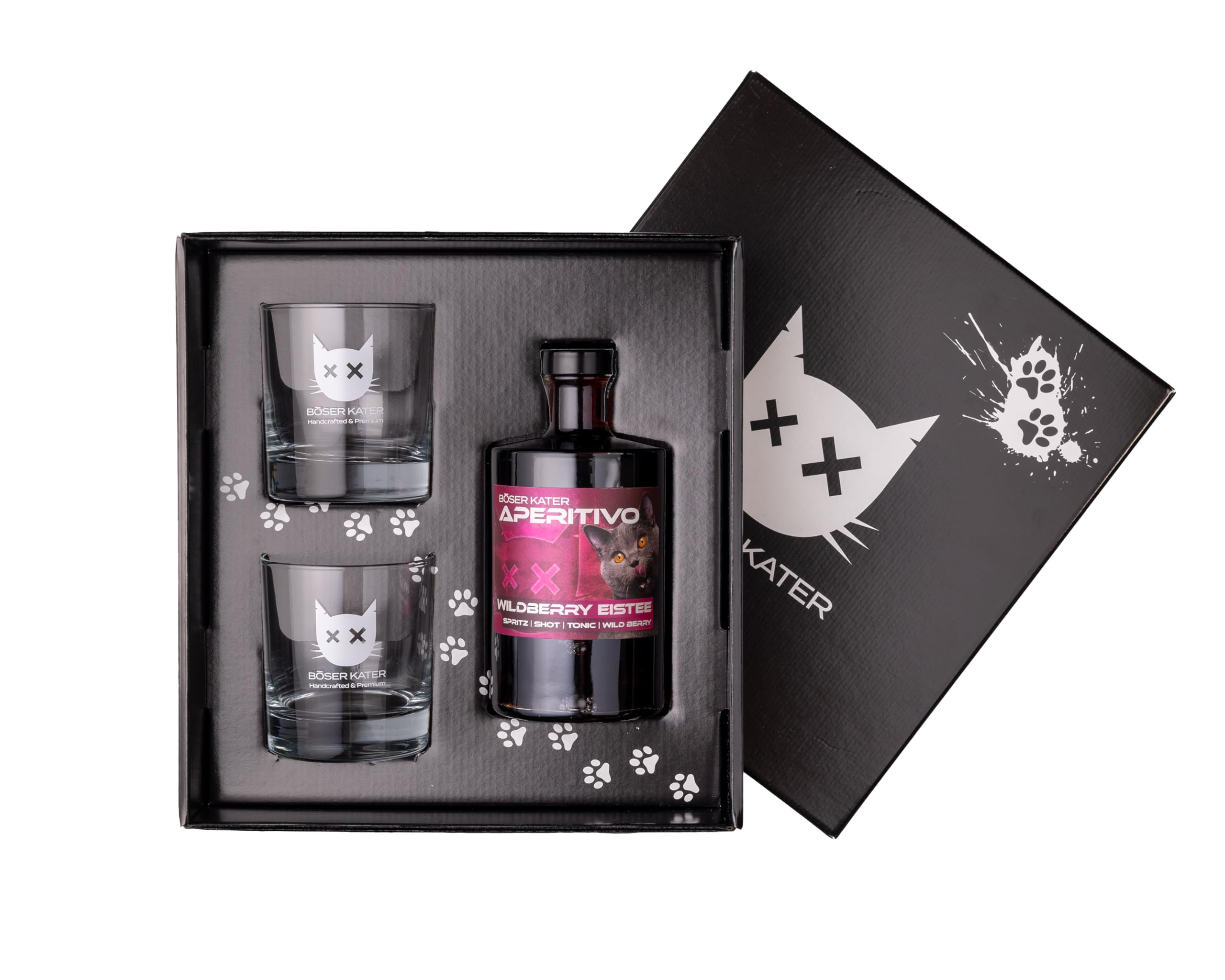 BÖSER KATER Wildberry Eistee Aperitivo Geschenkset mit 2 Gläsern 0,5l | Waldbeeren Frucht Likör | Erfrischender Aperitif | Ideal als Spritz oder Tonic Cocktail | Geschenkidee 15% Vol.