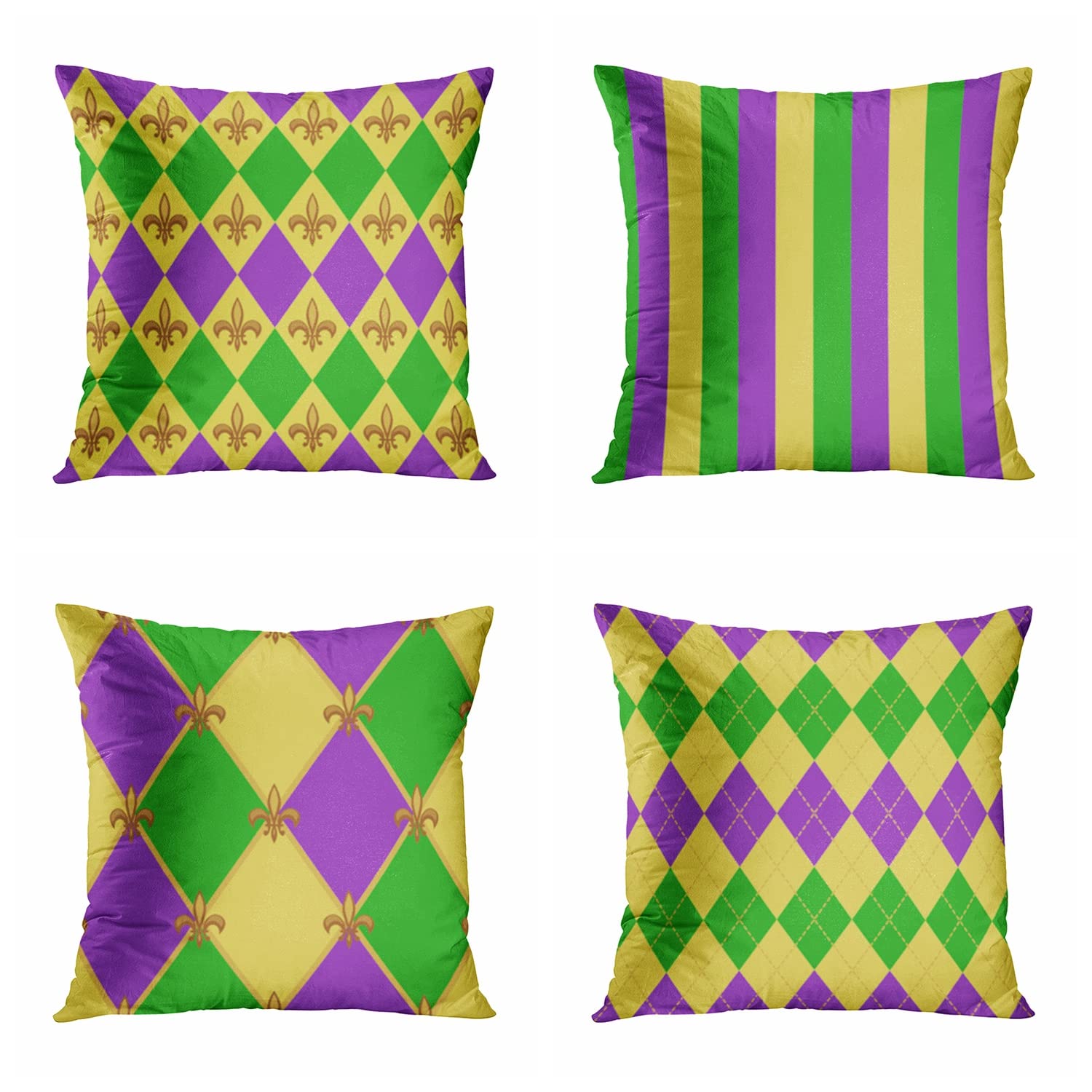 rouihot Set of 4 Throw Pillow Covers 18x18 Inch Yellow Purple Green Mardi Gras Beautiful Fleur De Lis Home Decor Pillowcase Square Cushion Covers for Sofa Bed Couch