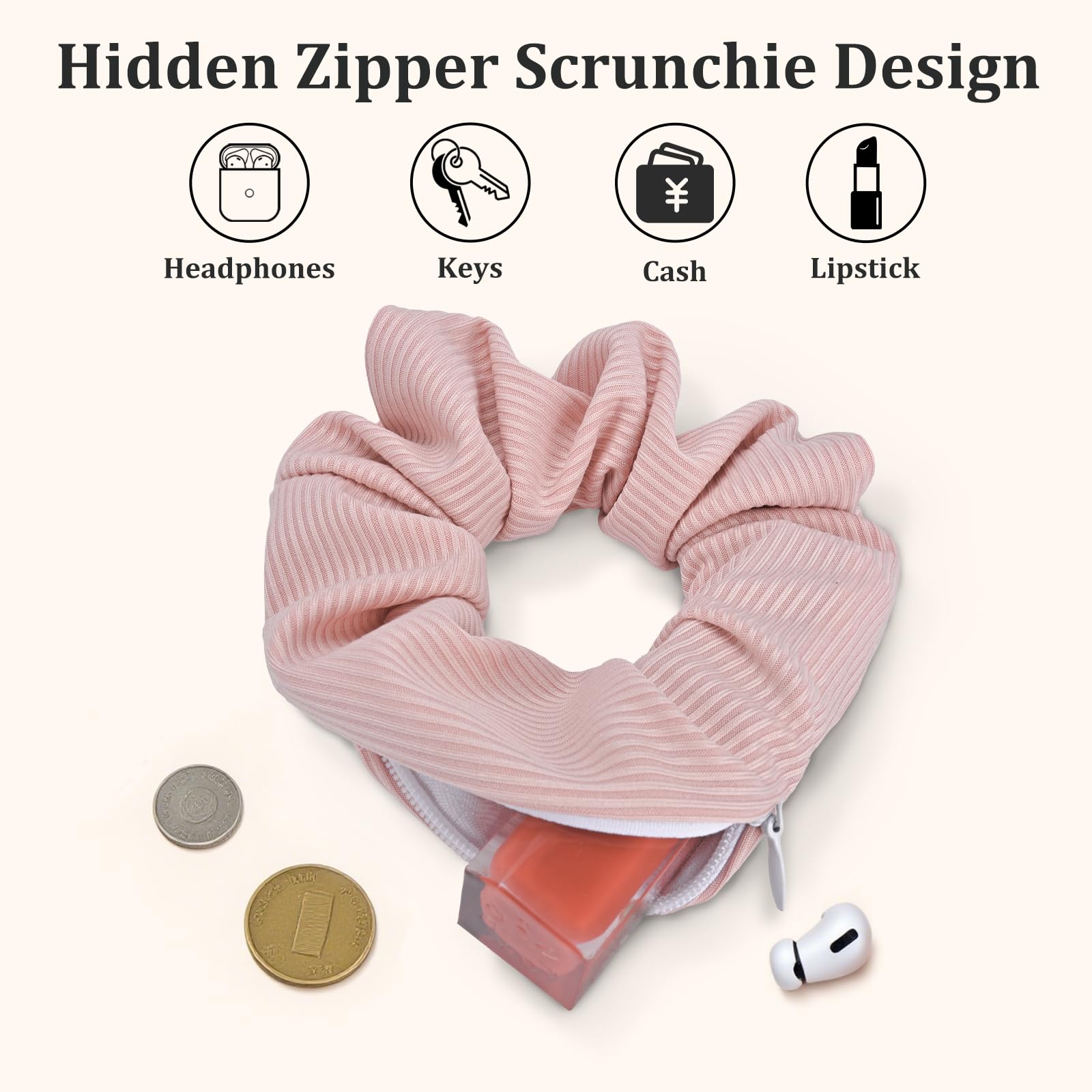 6PCS Scrunchie with Zipper Pocket, Large Capacity Stash Scrunchies for Girls Hidden Pocket Hair Scrunchies for Women - Image 2