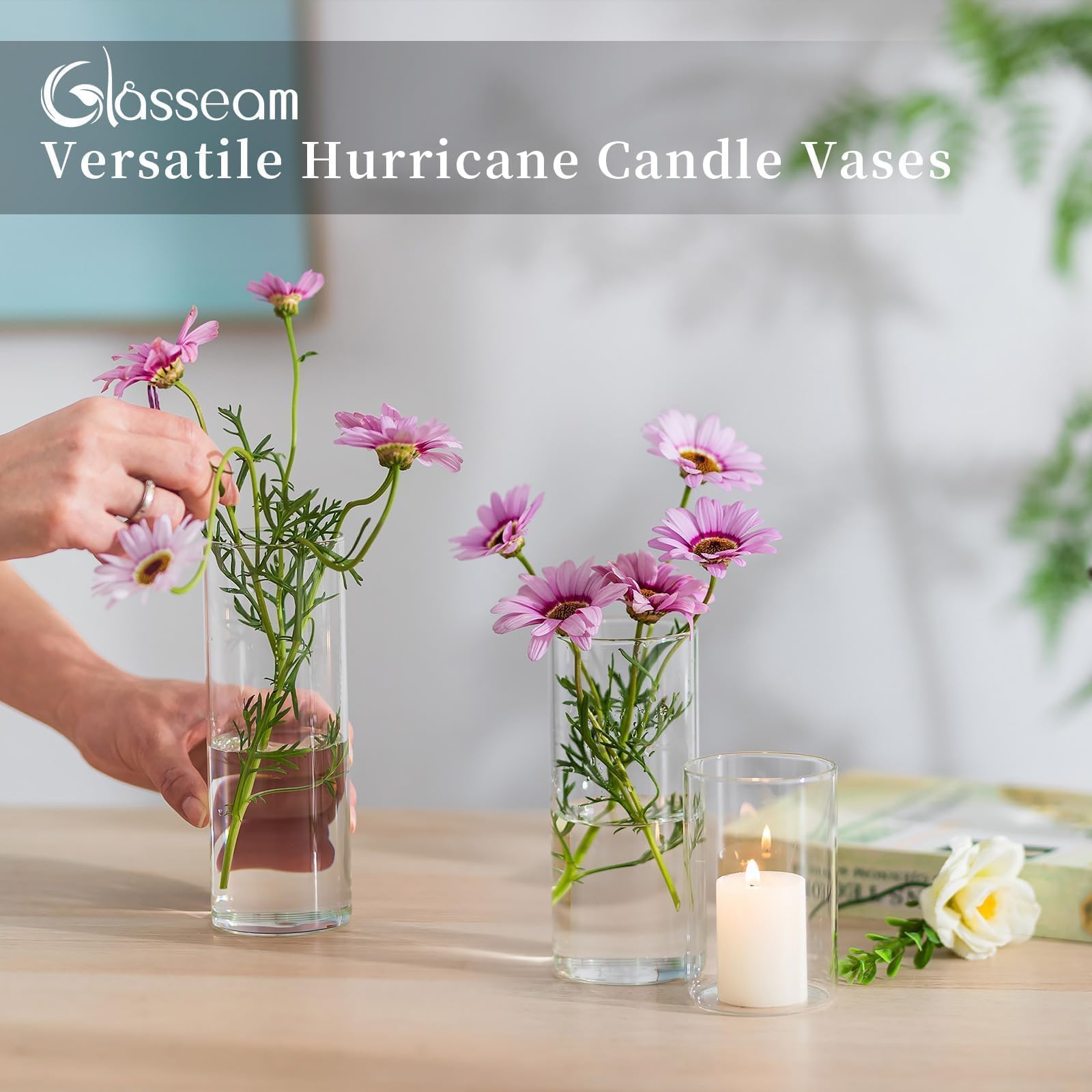 Glasseam Vaso Cilindrico In Vetro Trasparente Per Fiori, Tulipani, Candele, Erba Di Pampa - Set 6 Pezzi, Moderno, Decorativo, Centrotavola Da Pranzo (10/15/20cm)