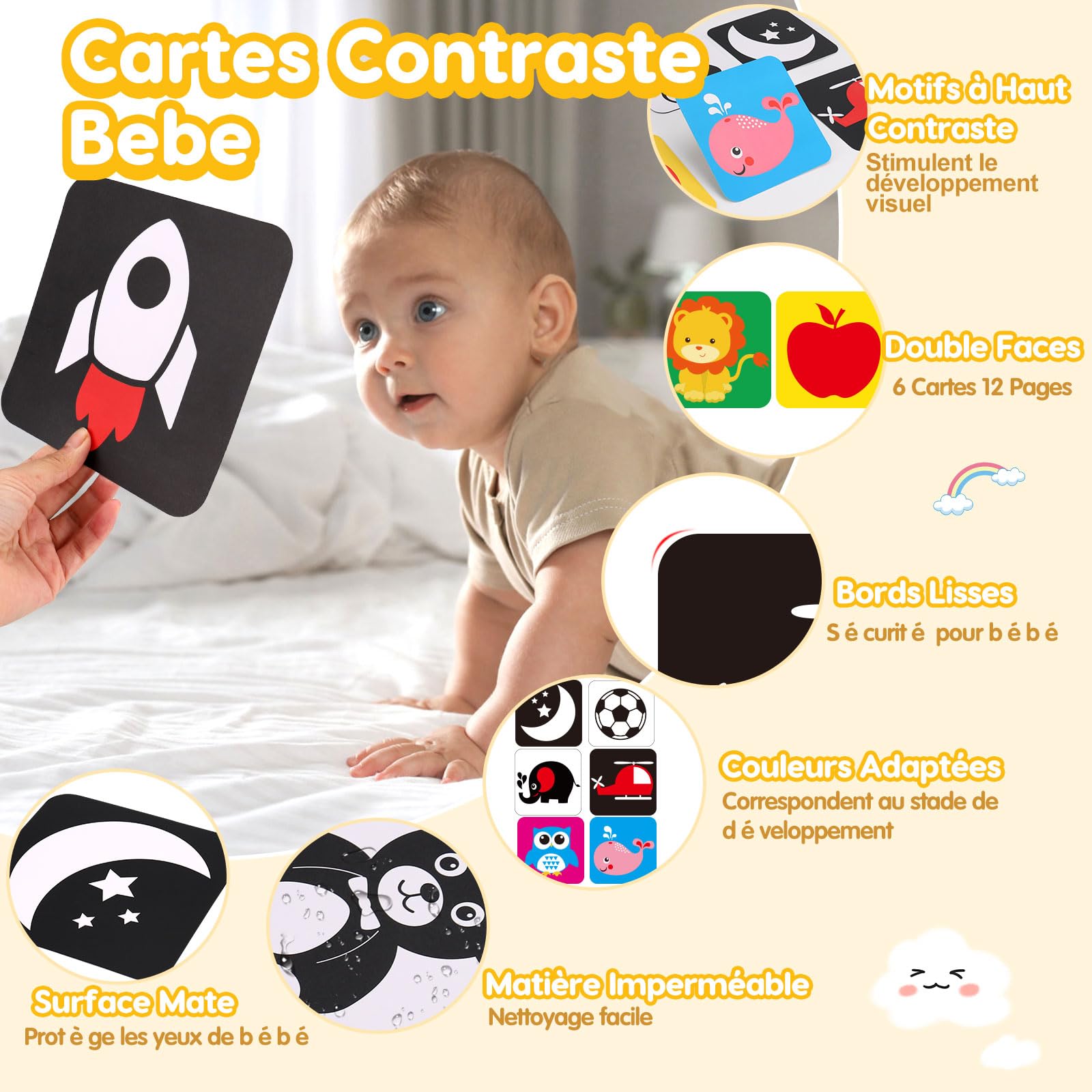 Livre Eveil Bebe 0-3 0-6 Mois, Livre Noir et Blanc Bébé Sensoriel avec Miroir Tummy Time, Carte Contraste Montessori Jeux d’eveil Jouet Bebe 0 3 6 Mois, Cadeau Bébé Naissance Garcon Fille Nouveau-Né