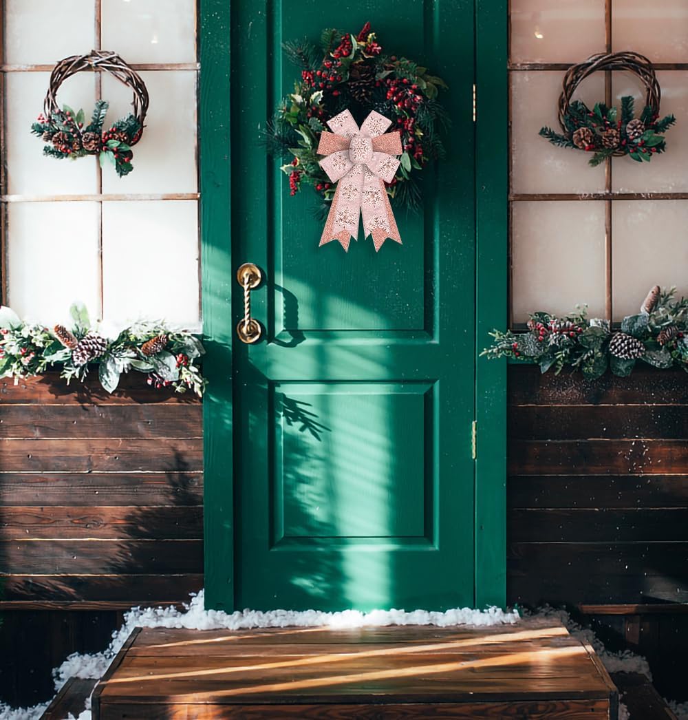 2PCS Christmas Bow for Wreath, Glitter Pink Snowflakes Wreath Bow for Christmas Décor Winter Bow for Front Door Indoor Outdoor Wall Tree Topper Decoration Supplies Xmas Hanging Ornament - Image 3