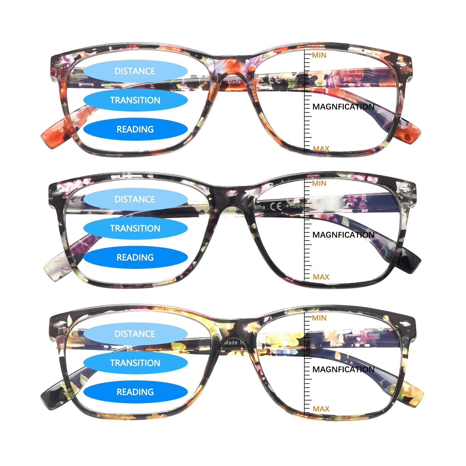 VIDEBLA 3 Pack Progressive Multifocus Reading Glasses Blue Light Blocking for Women Men Multifocal Readers with Spring Hinge (3 Mix Color-3, 4.00,
