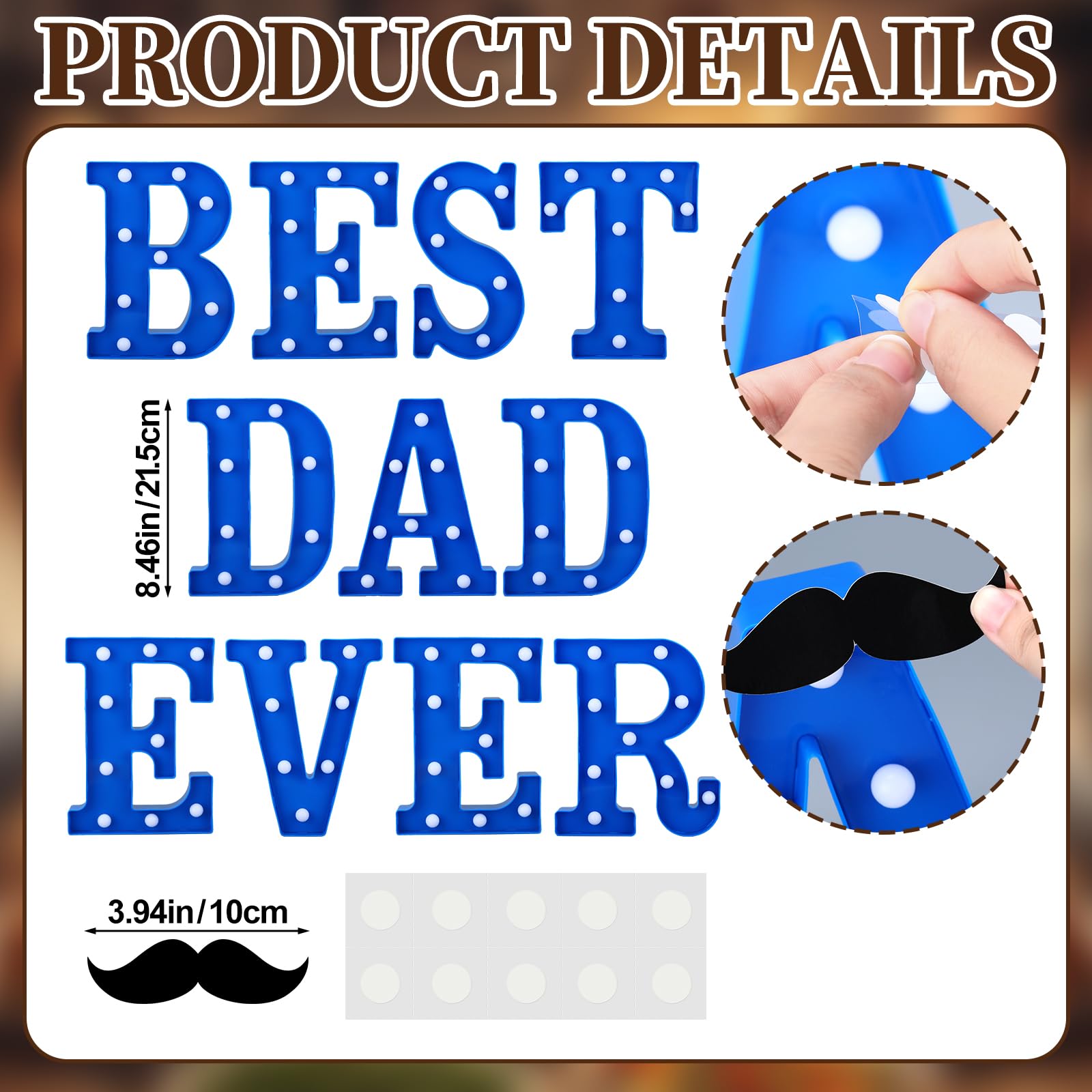 Ganeen Decorazione in plastica per festa del papà, con scritta in inglese "Best Dad Ever", con scritta in inglese "Best Dad Ever", decorazione da tavolo con baffi, decorazione per casa, mensola da