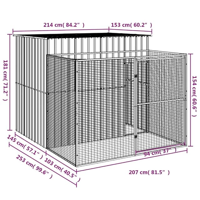 Foto 8 de 8 de vidaXL Caseta Perros Corral Acero galvanizado Gris Claro 214x253x181cm