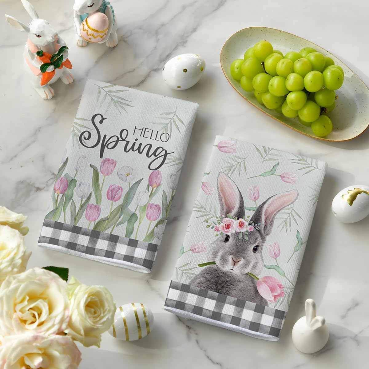 Artoid Mode Buffalo Plaid Bunny Rabbit Flowers Hello Spring Easter Kitchen Towels Dish Towels, 18x26 Inch Seasonal Decoration Hand Towels Set of 2 - Image 3