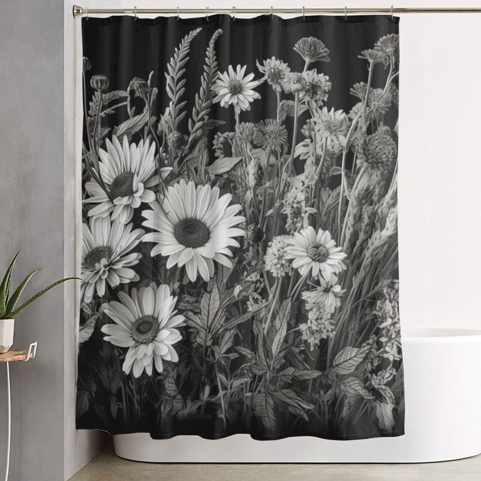 Rideau de douche imperméable motif fleurs noires et blanches avec 12 crochets