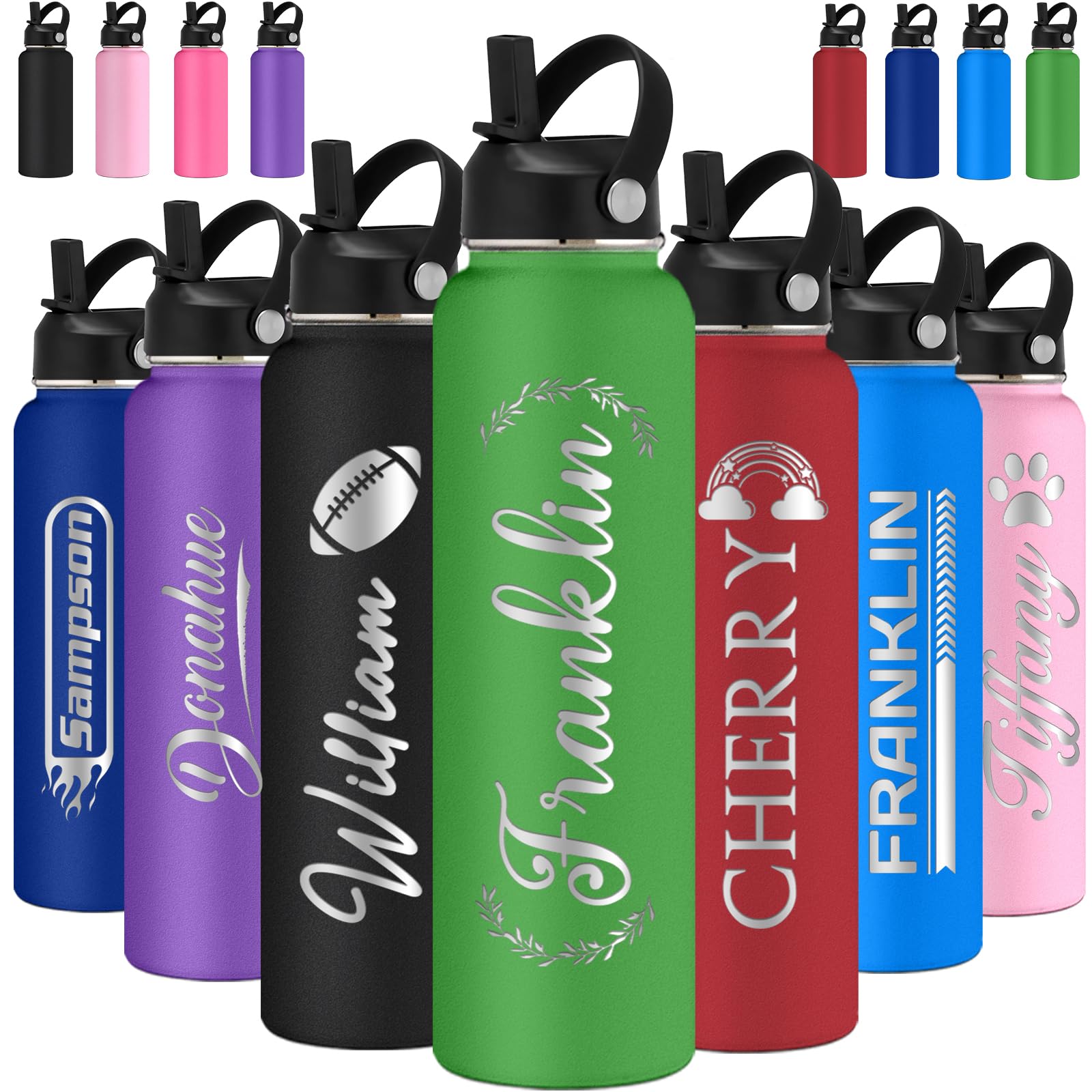 Personalized Water Bottles with Straw Lid Custom Water Bottle 24oz Customize Engraved Name Stainless Steel Insulated Sport Bottles for School Gym Boys