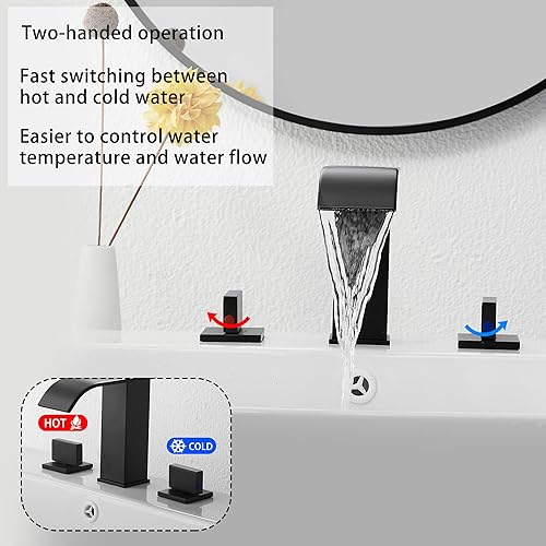 Miniatura 3 de Grifo de baño negro mate extendido GGStudy 3 agujeros 2 manijas cascada negra moderna grifo de lavabo de baño con drenaje desplegable