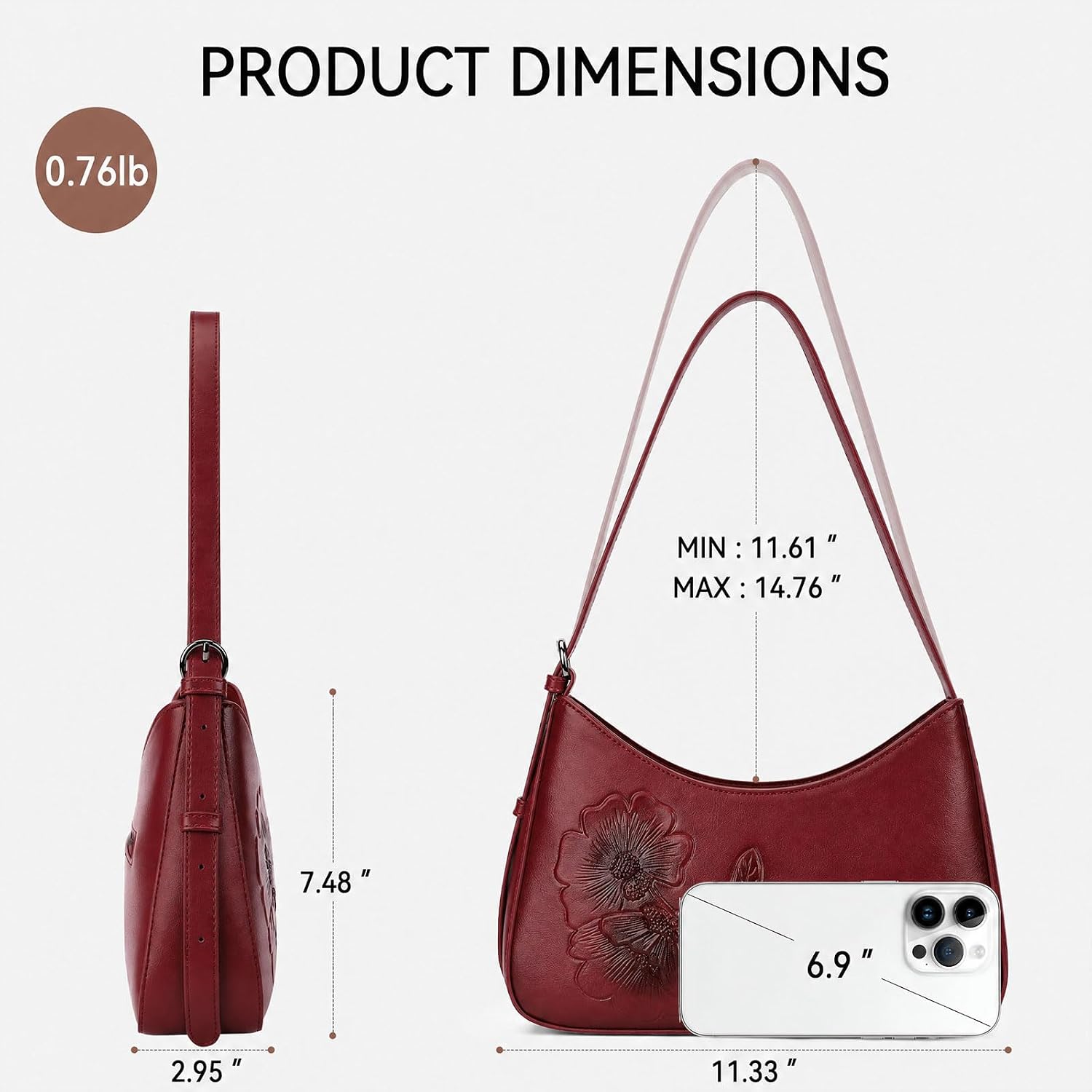 BELTAN Shoulder Bag for Women Floral Embossed Vegan Leather Small Purse Crescent Underarm Hobo Handbag with Adjustable Strap