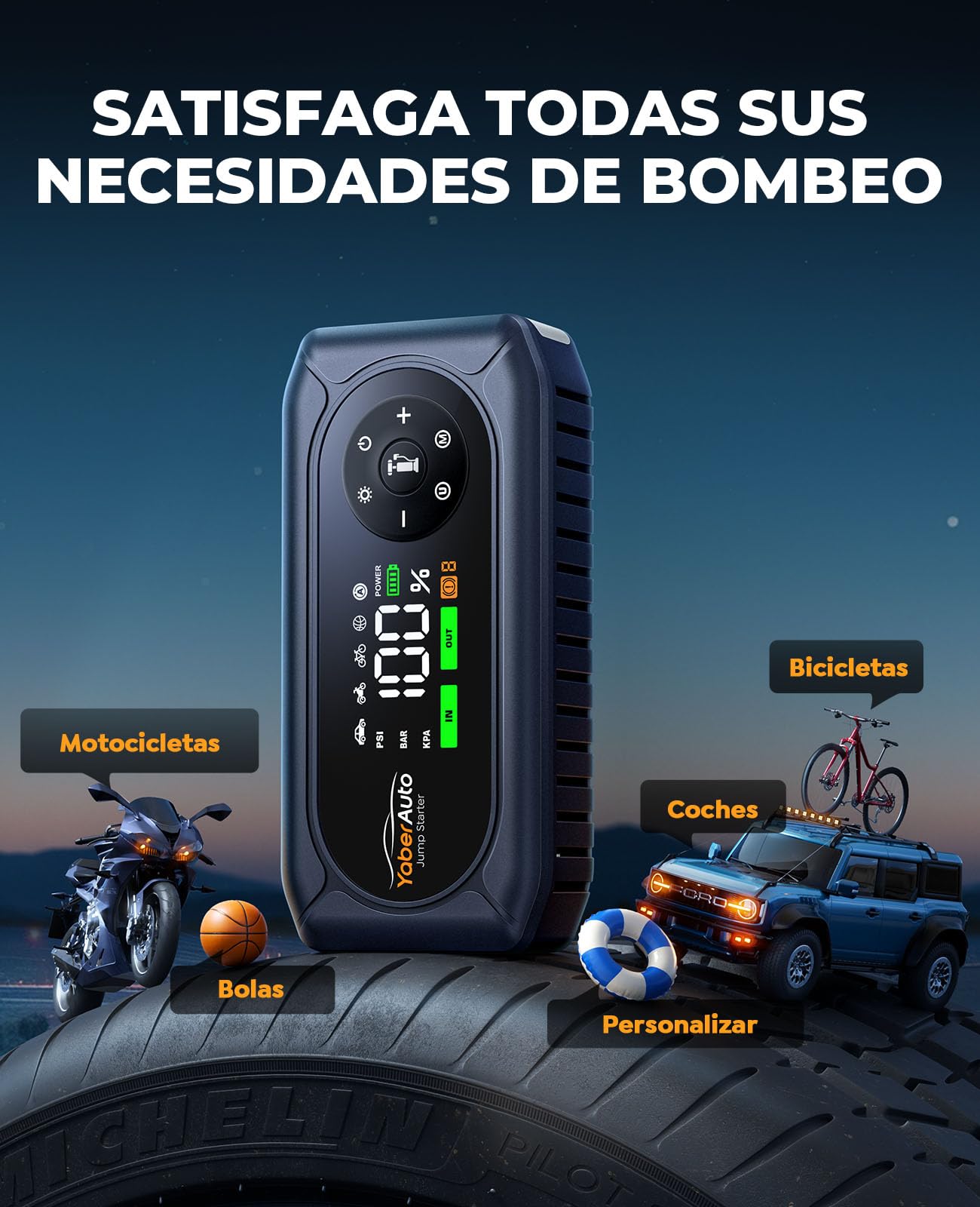 Arrancador de Baterias de Coche con Compresor de Aire, 6000A YaberAuto Arrancador de Coche Portatil (9,0L Gas/8,0L Diesel) con 150PSI Inflador, Guantes Aislantes, Pantalla Grande y Linterna LED