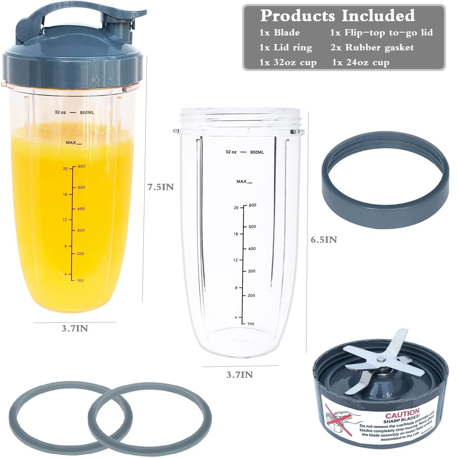 Juego de 7 vasos de licuadora Nutribullet y cuchilla de repuesto de 32 onzas con 1 tapa abatible para llevar y 1 anillo de tapa y cuchilla extractora compatible con licuadora