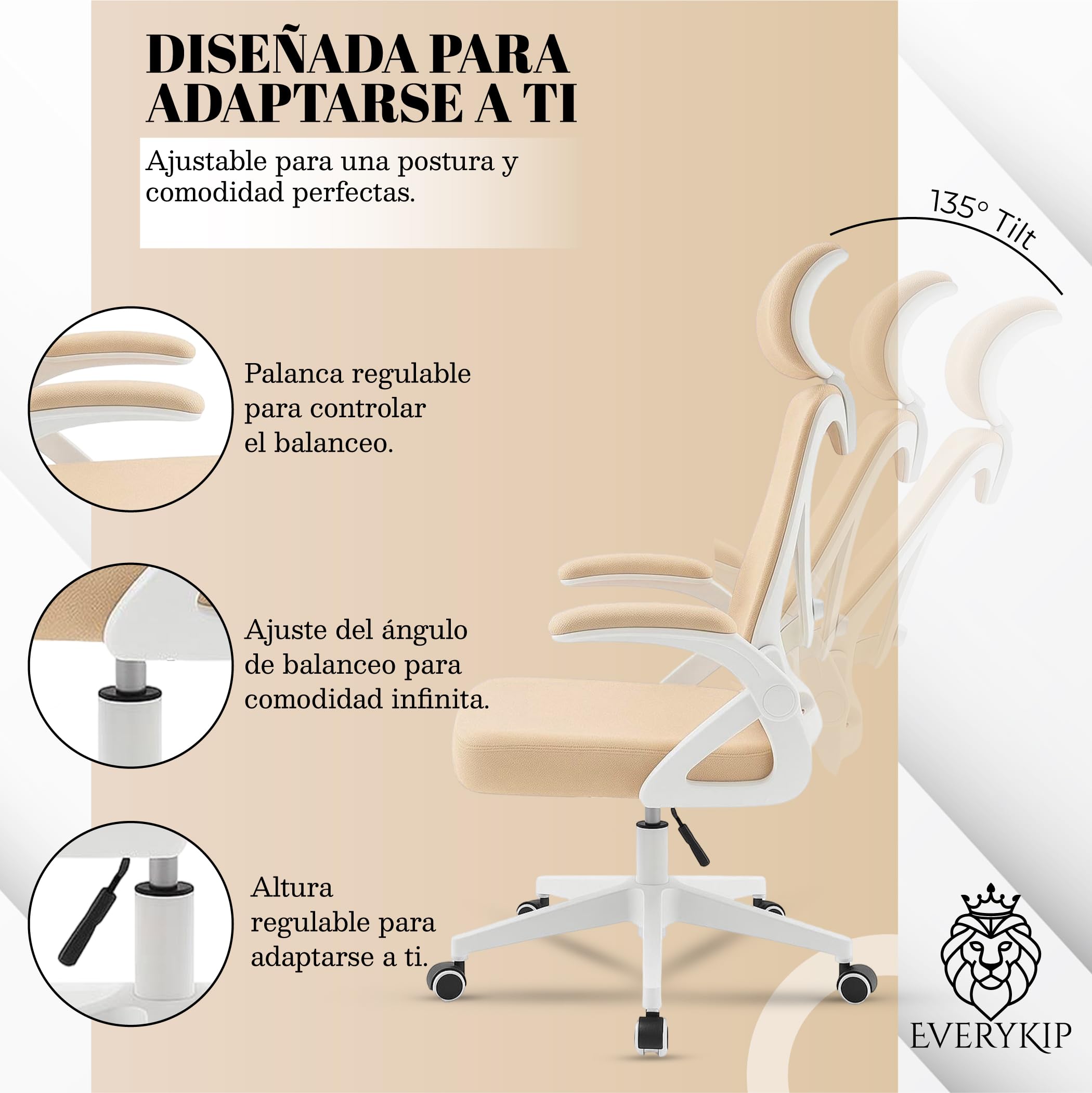 EveryKip Original® Silla Escritorio Ergonomica Ajustable con Apoyo Lumbar|Astronaut Galaxy Projector Star Red para Gatos 8x3 Papel Freidora Aire 200 Piezas Torno Uñas (Beigee)