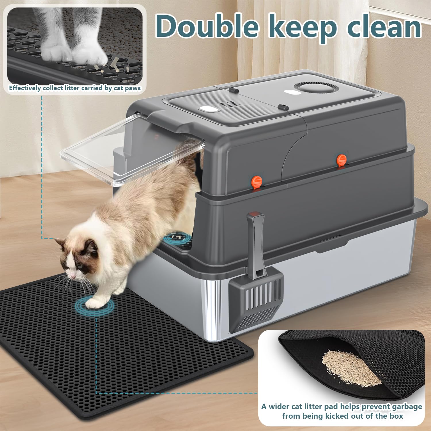 XXXL Extra Large Stainless Steel Litter Box with Lid, 28" L x 20.5" W x 17" H Covered Stainless Steel Litter Box, Multiple Natural Activated Carbon Filter Bags, Non-Sticky, Anti-Leakage, Easy to Clean - image 6
