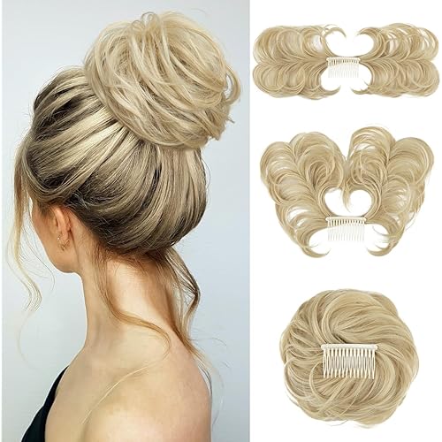Messy Bun Hair Piece Side Comb Clip in Hair Bun Hairpiece for Women Short Natural Straight Versatile Adjustable Styles Easy Hair pieces (Ash Blonde-C)