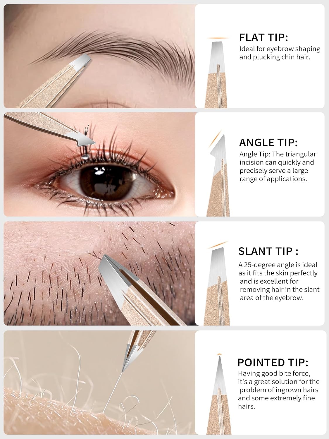 Tweezers Set for Women Facial Hair: Stocking Stuffers 4Pcs Stainless Steel Eyebrow Tweezer Set with Travel Mirror Case, Suitable for Everyday Use in Car, Purse