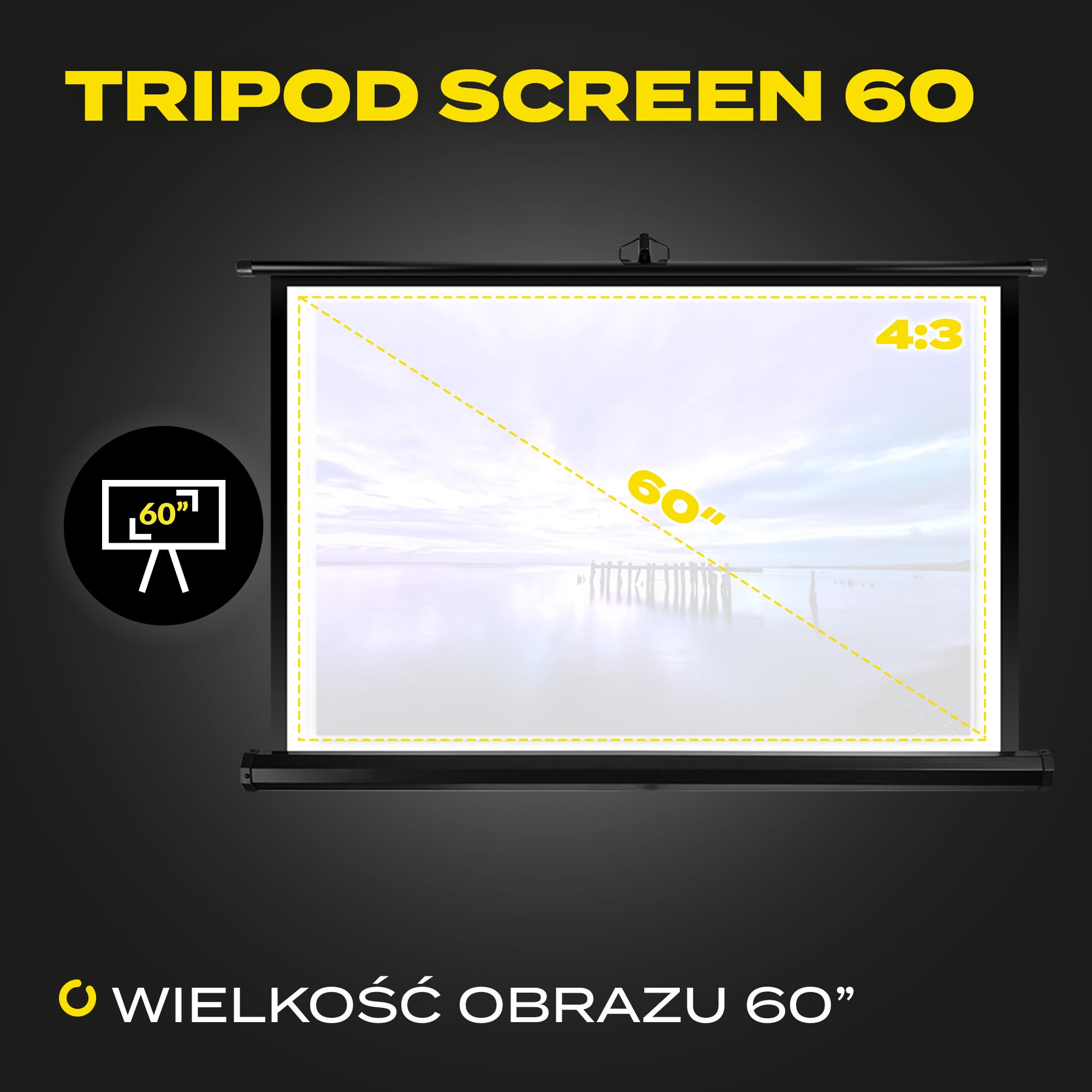 OVERMAX Tripod screen 60” Ekran projekcyjny na statywie 60 cali 116×87 cm trójnożny, regulacja wysokości statywu oraz ekranu, automatyczne sprężynowe zwijanie ekranu, białe, matowe płótno