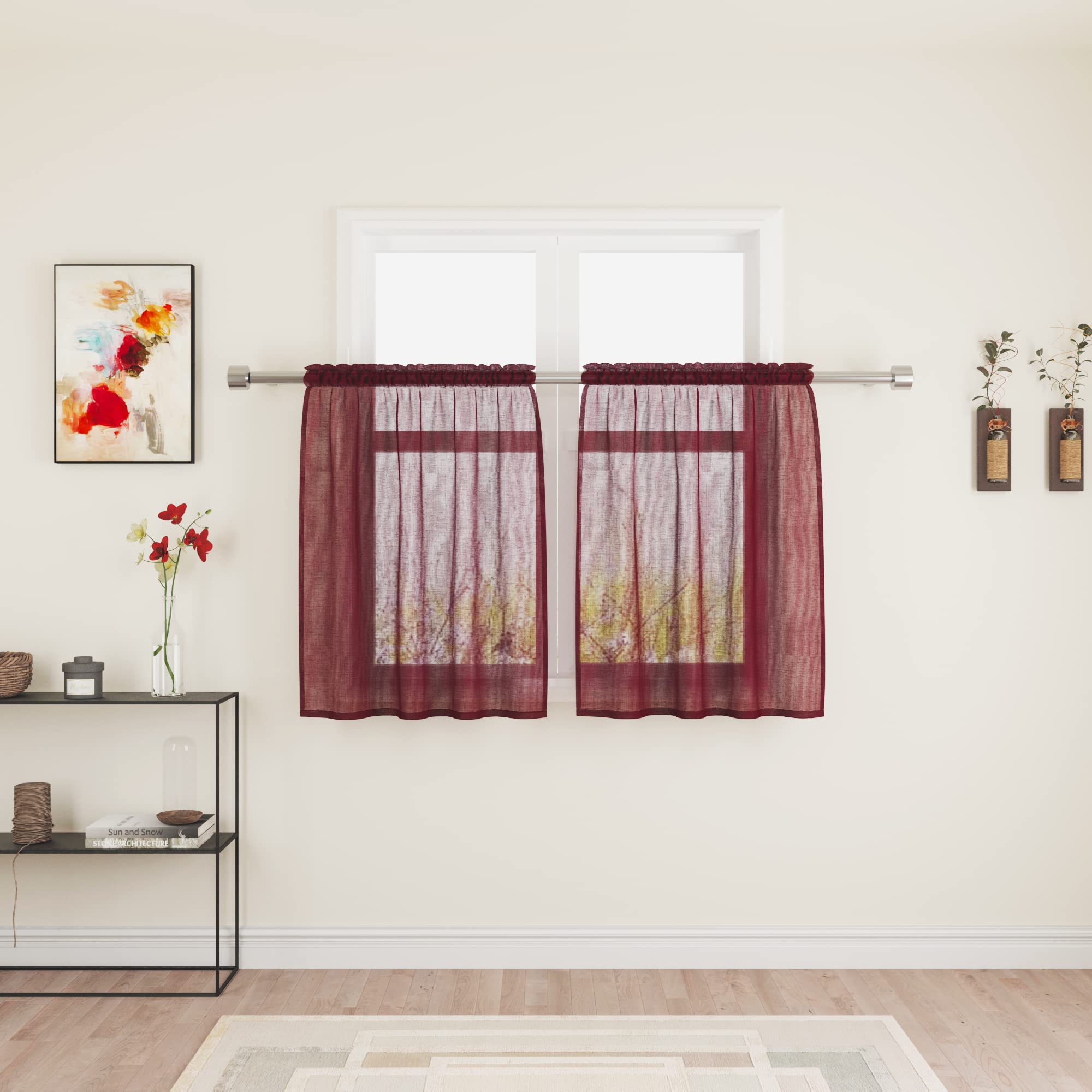 Petits rideaux courts pour cuisine et salle de bain rouge bordeaux 91cm