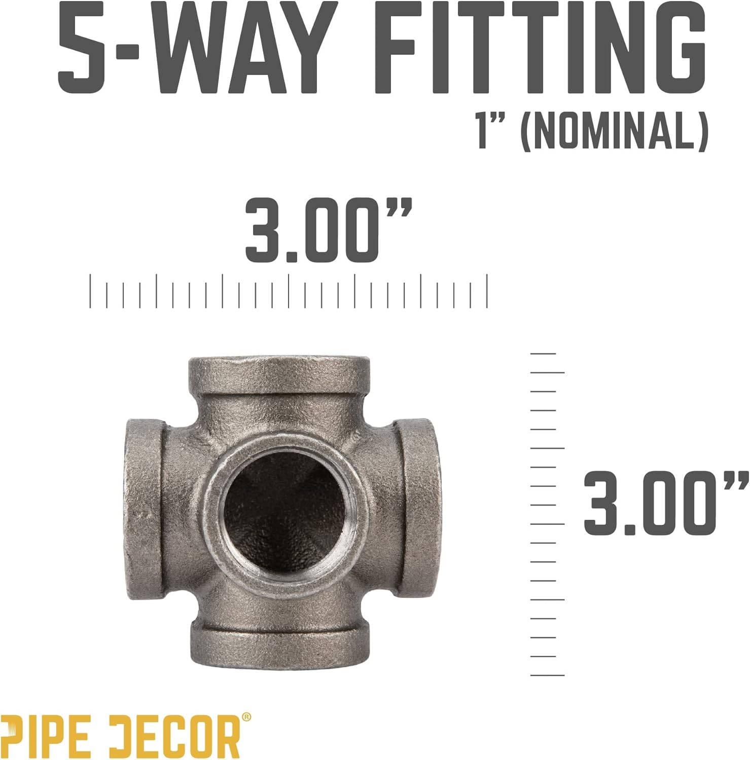 PIPE DECOR 1" 5-way Cross Fitting, 4-Pack, Malleable Iron, Fits One Inch Diameter Black Steel Plumbing Pipes and Nipples, Build Vintage DIY Pipe Industrial Furniture and Shelving