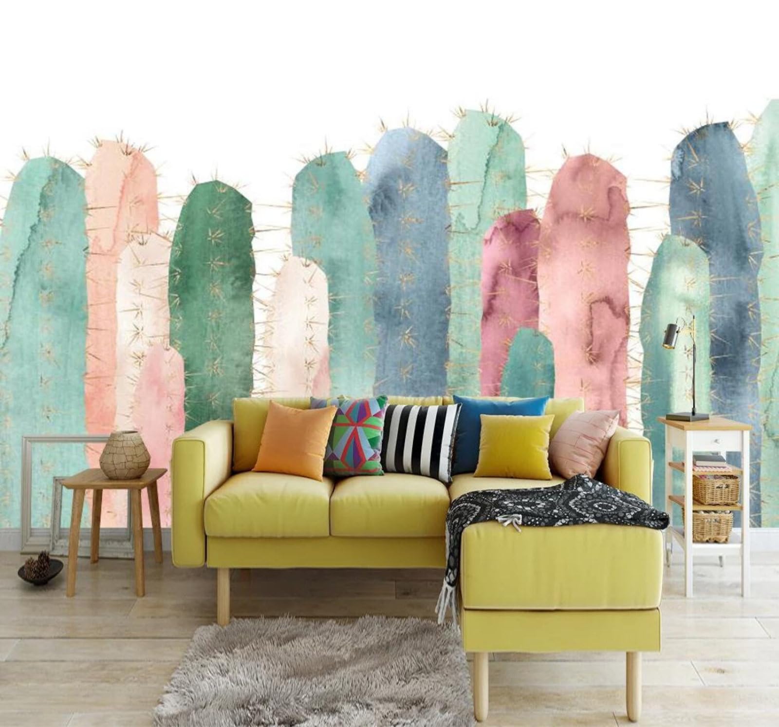 Tzxztt 350Cm×256Cm(B×H) Creative Hand Drawn Fresh Cactus Modern 3D Wallpaper Premium Textured Silk Neutral Tones Material Ideal For Living Room Bedroom-350Cm×256Cm