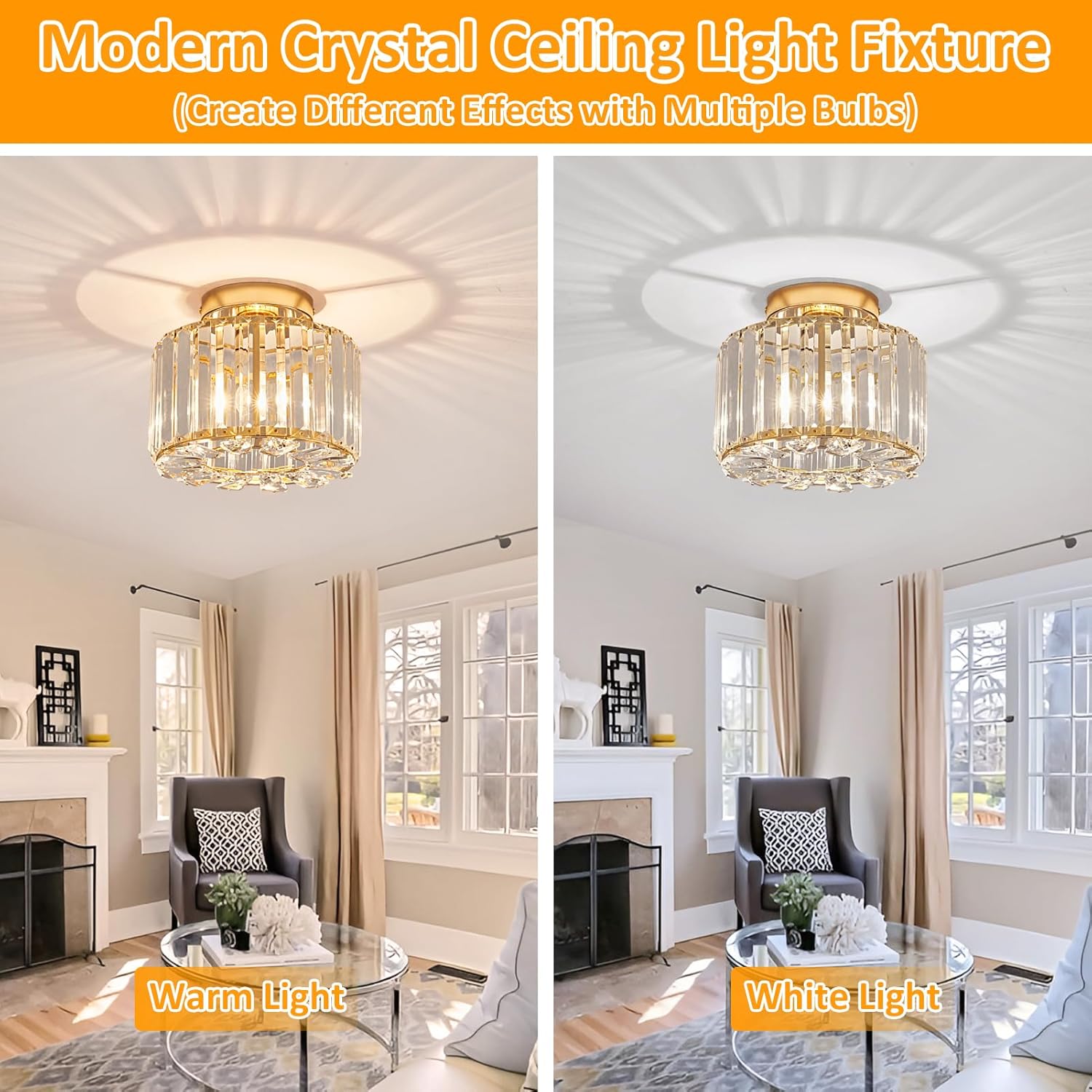 Elegant Gold Crystal Chandelier - Modern Semi Flush Mount Ceiling Light Fixtures for Hallway, Kitchen, Bedroom, Living Room, and More