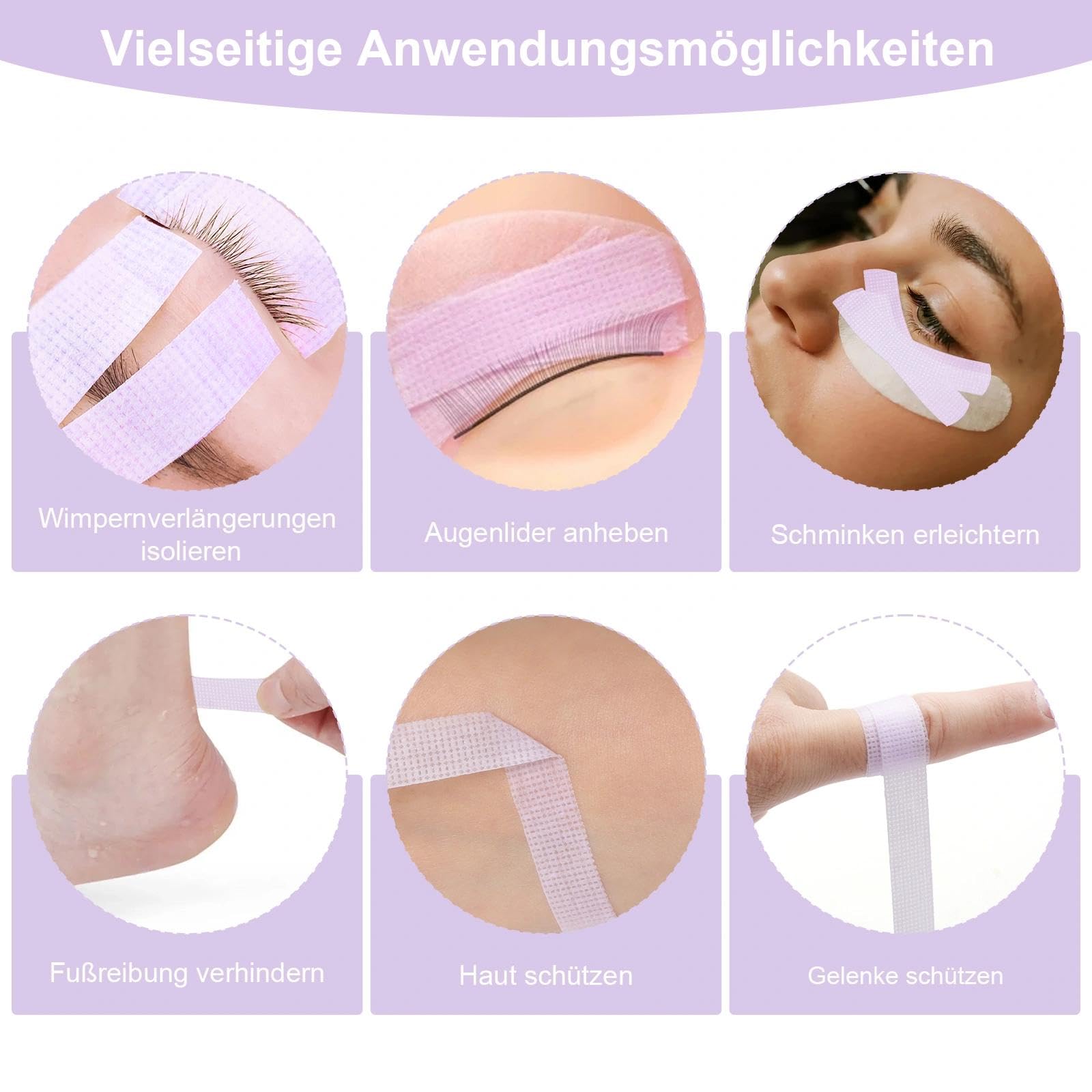 VOSSOT 6 Rollos Cinta Extensión de Pestañas Para Extensiones Lash Tape Adhesiva Cinta Micropore para Pestañas Transpirable Impermeable de Gel Color Morado Incluye Pinzas 1.25cm*9m