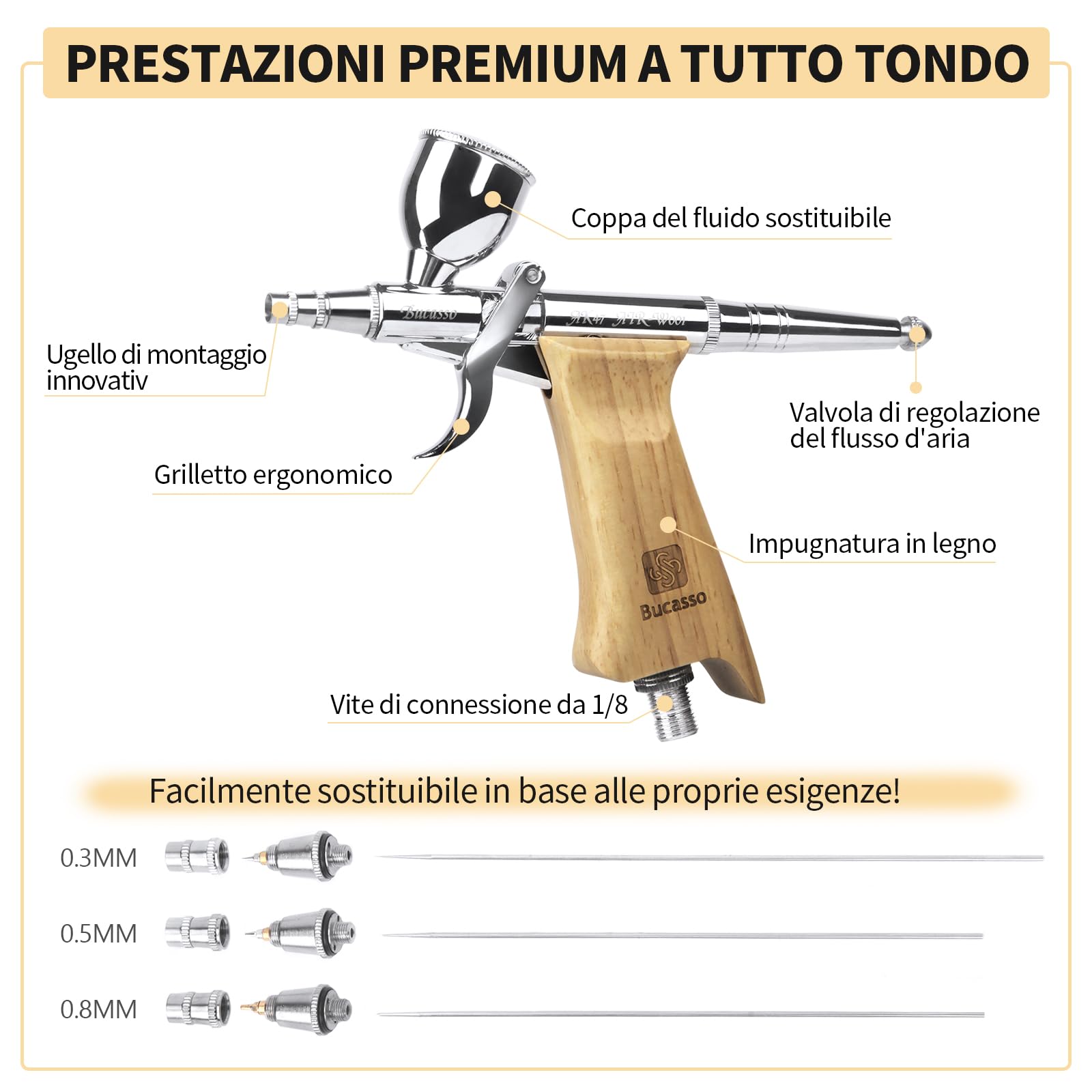 Kit aerografo, pistola a spruzzo con aghi da 0,3/0,5/0,8mm e set di ugelli, tazza di fluido sostituibile da 3/7/11cc per la pittura di modelli di unghie per il trucco del tatuagg (W001-B)