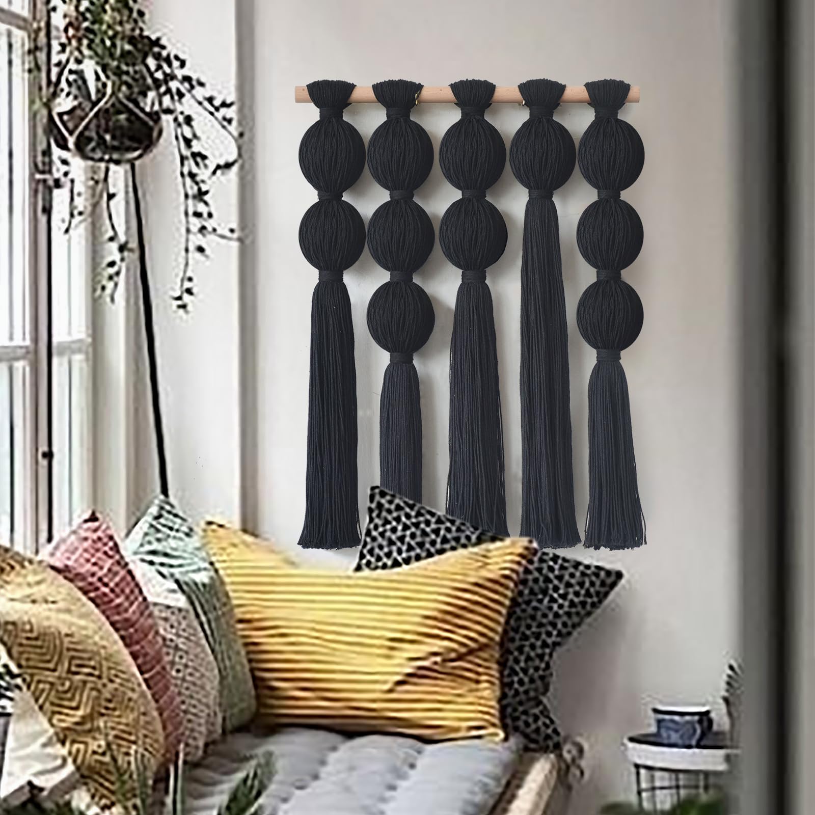 Jakalin Makramee-Wandbehang, schwarze Boho-Wandkunst mit Quasten, moderne Faserwandkunst für Wohnzimmer, Schlafzimmer, Büro