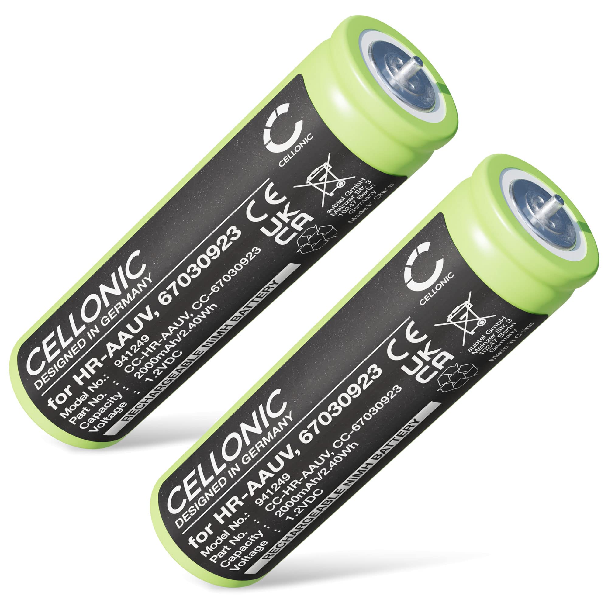 CELLONIC 2x Battery for Shavers & Hair Clippers Compatible with Braun Series 3 300s, Series 3 300BT, Series 3 5408, Compatible with Panasonic WER160L2506 - (2000mAh, 1.2V)