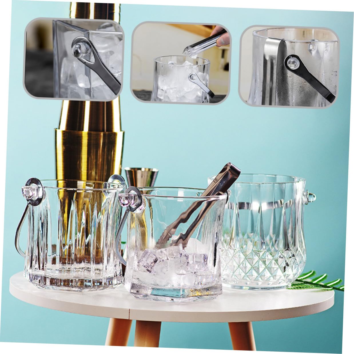 NUOBESTY Glaseimer Eiskübel mit Griff Edelstahl Glas Tragbarer Eisbehälter für Bar Ktv und Zuhause Verdickter Eiswürfelbehälter Zufälliger Stil