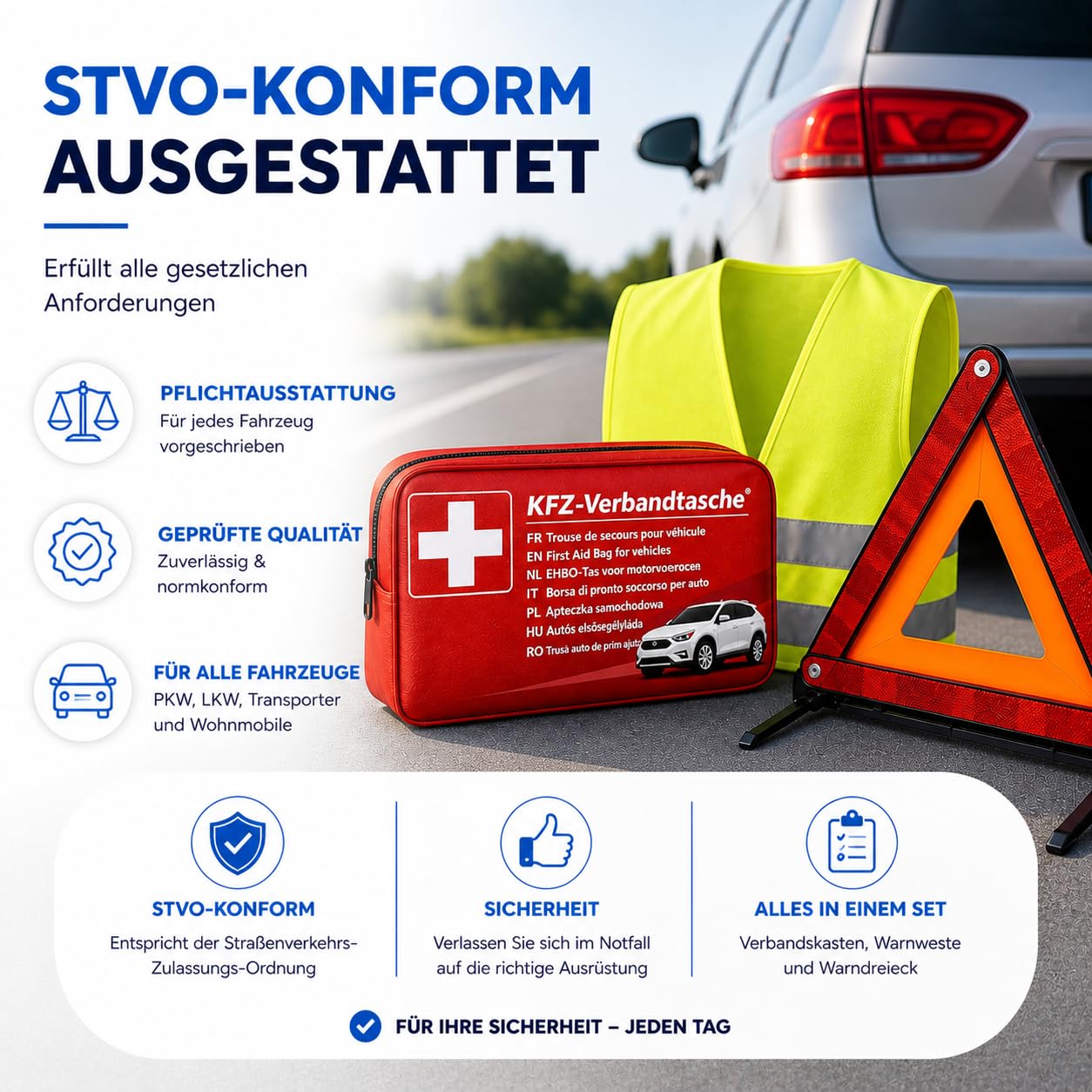 3 en 1 - Trousse de premiers secours & gilet de sécurité & triangle de signalisation - Certifié & norme actuelle - Ensemble d'accessoires pour voiture 2026 - Kit de premiers secours pour